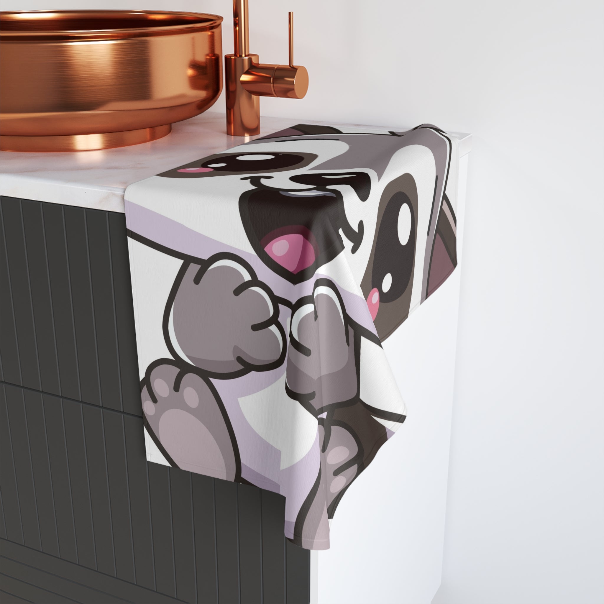 Cheerful Cartoon Raccoon Hand Towel | Cute Animal Bathroom Linen