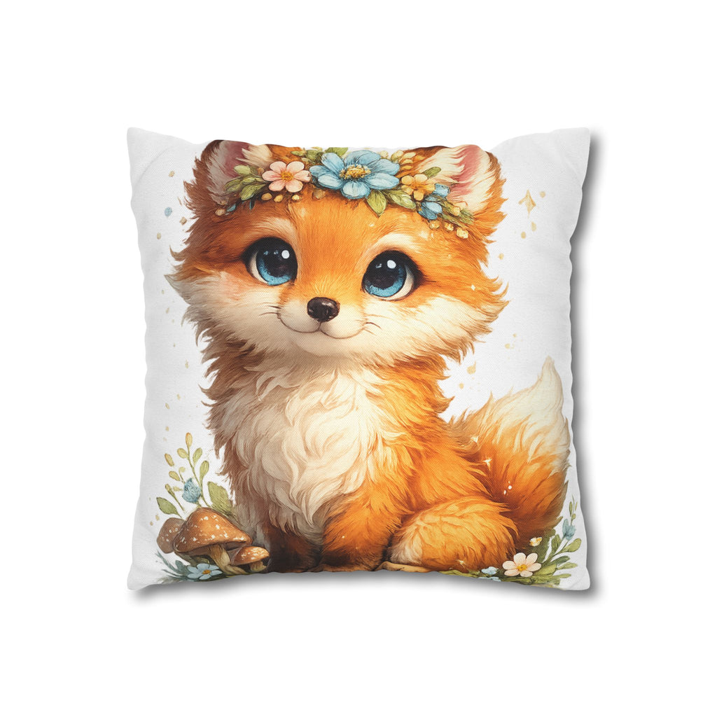 Whimsical Fox Floral Crown Pillow Cover — Square Throw Pillowcase for Nursery & Nursery Decor