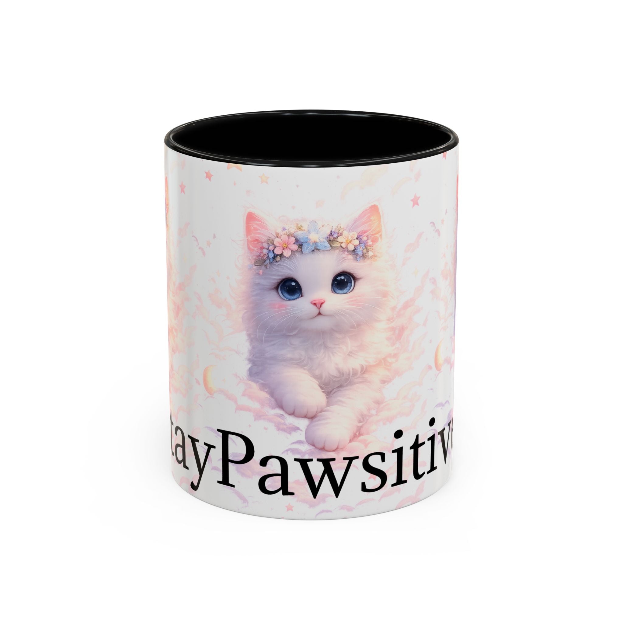 Pawsitive Kitten Accent Coffee Mug | Floral Crown Cat, 11oz 15oz