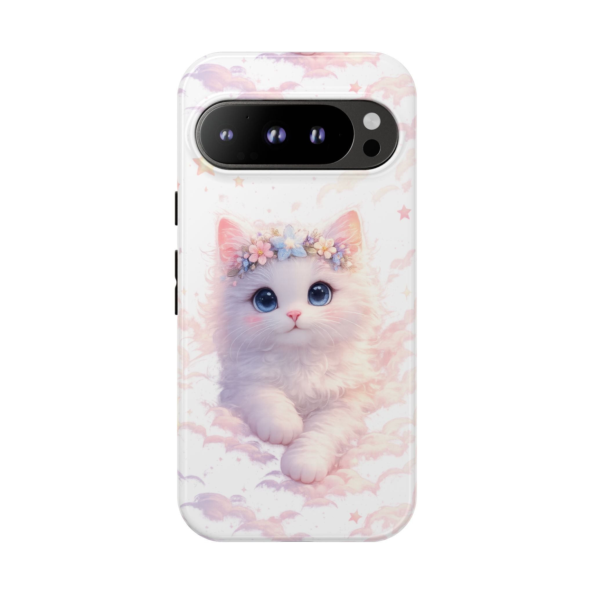 Cute Crowned Kitten Phone Case — Pastel Cloud & Star Protective Case
