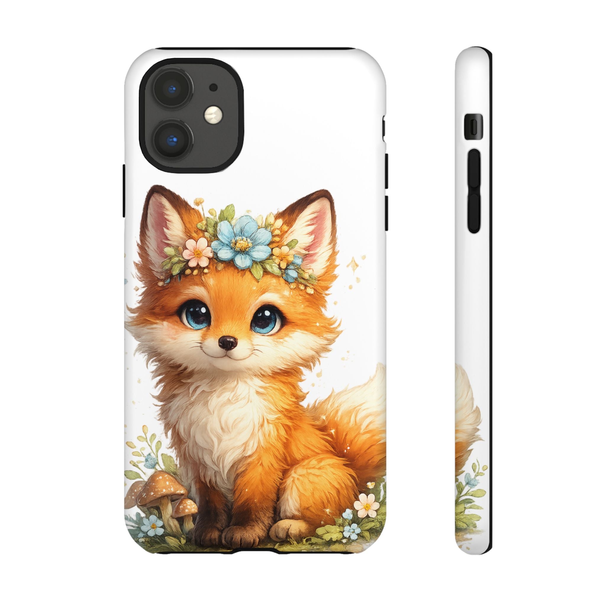 Woodland Fox Cub Phone Case — Protective Tough Case with Floral & Mushroom Art