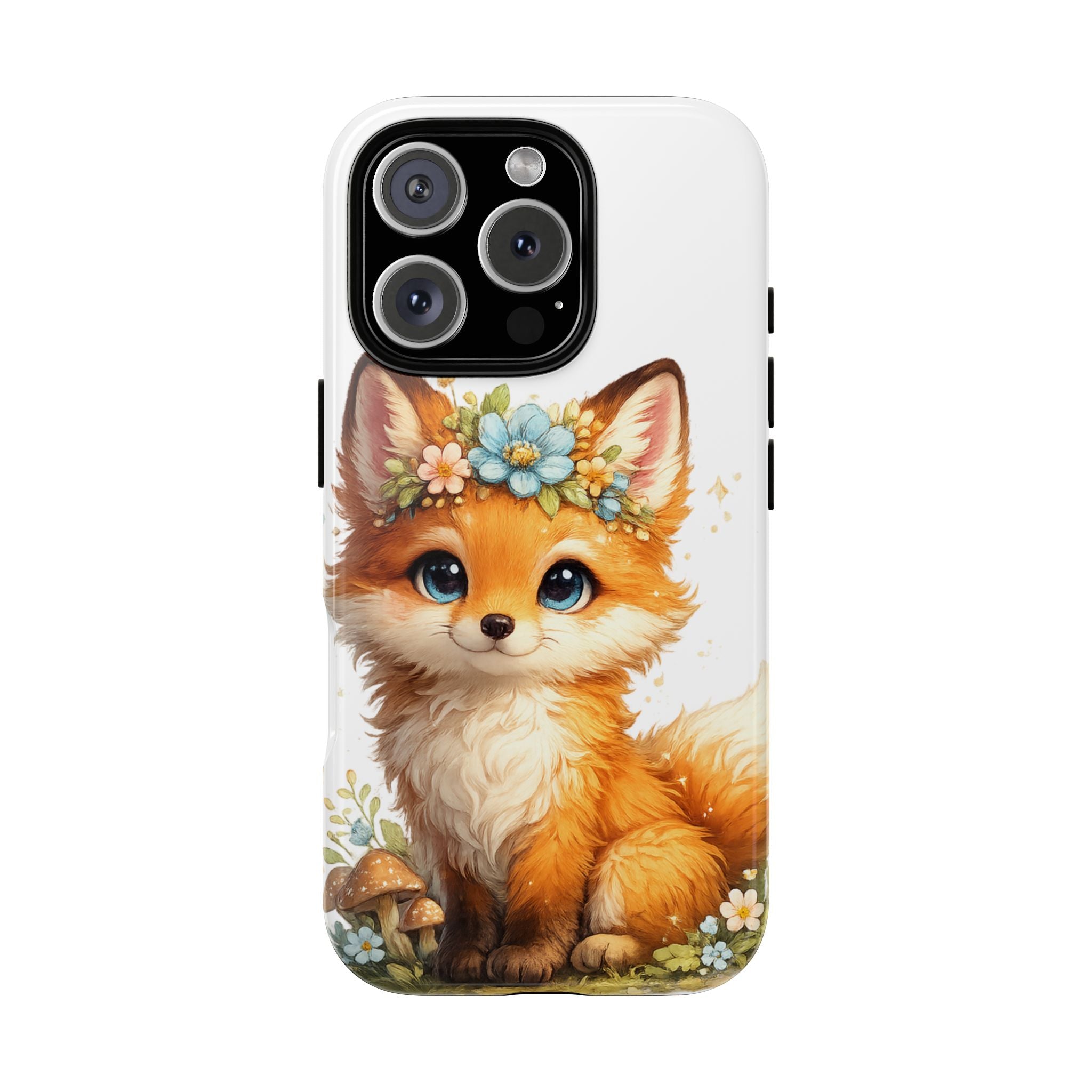 Woodland Fox Cub Phone Case — Protective Tough Case with Floral & Mushroom Art