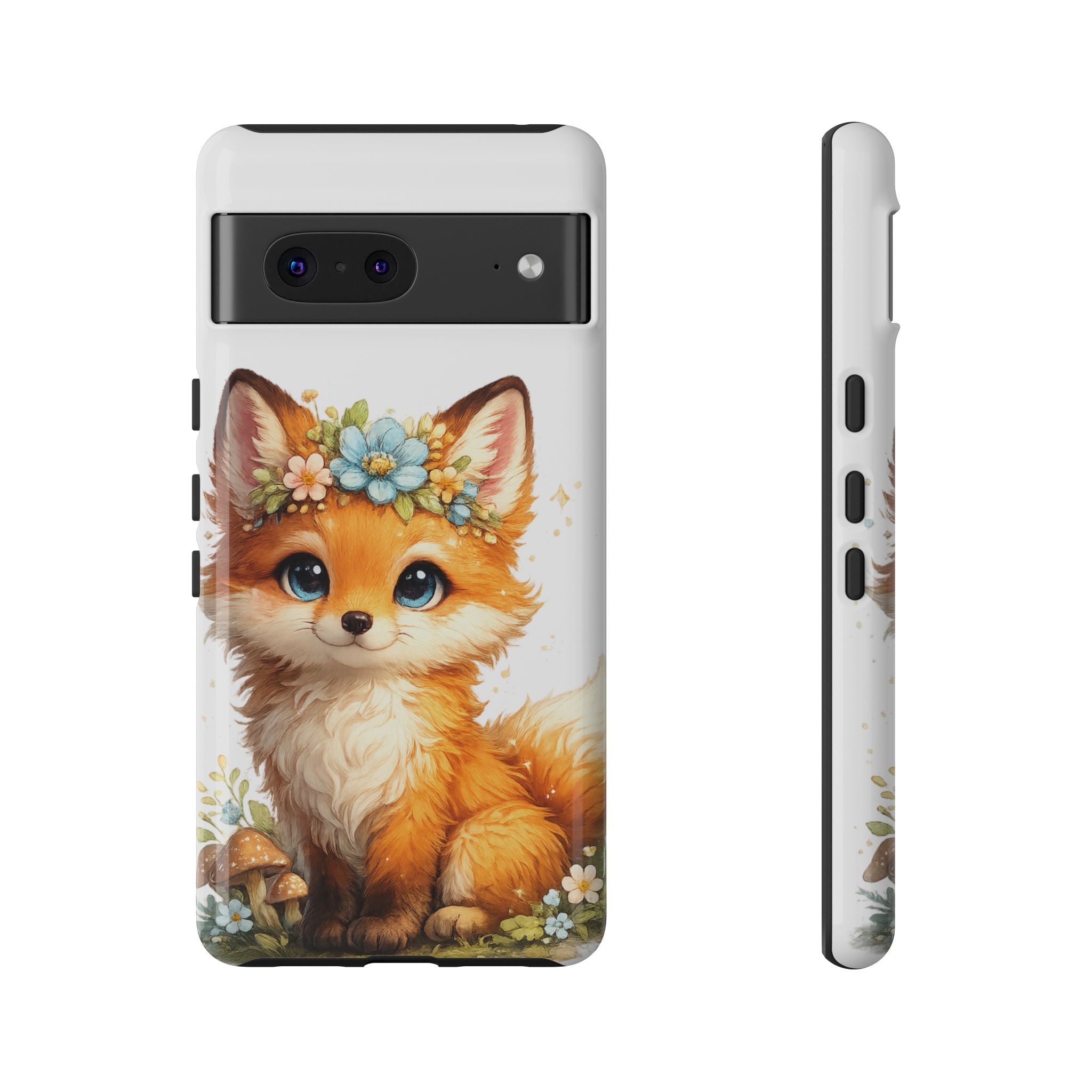 Woodland Fox Cub Phone Case — Protective Tough Case with Floral & Mushroom Art