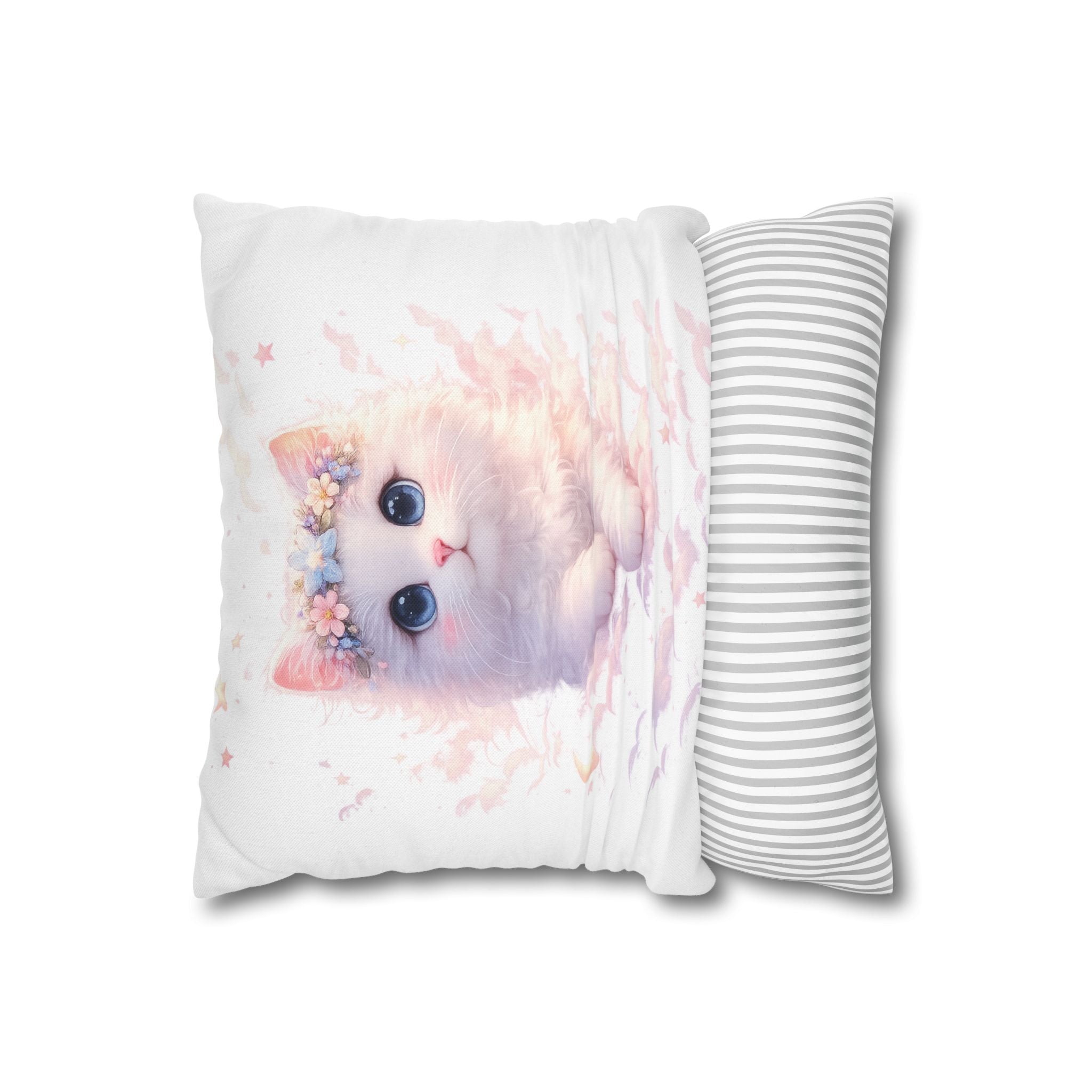 Fluffy Kitten with Flower Crown Square Pillowcase | Pastel Nursery Decor