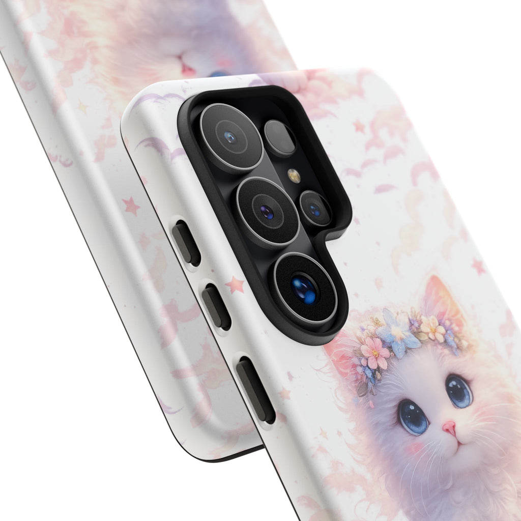 Cute Crowned Kitten Phone Case — Pastel Cloud & Star Protective Case