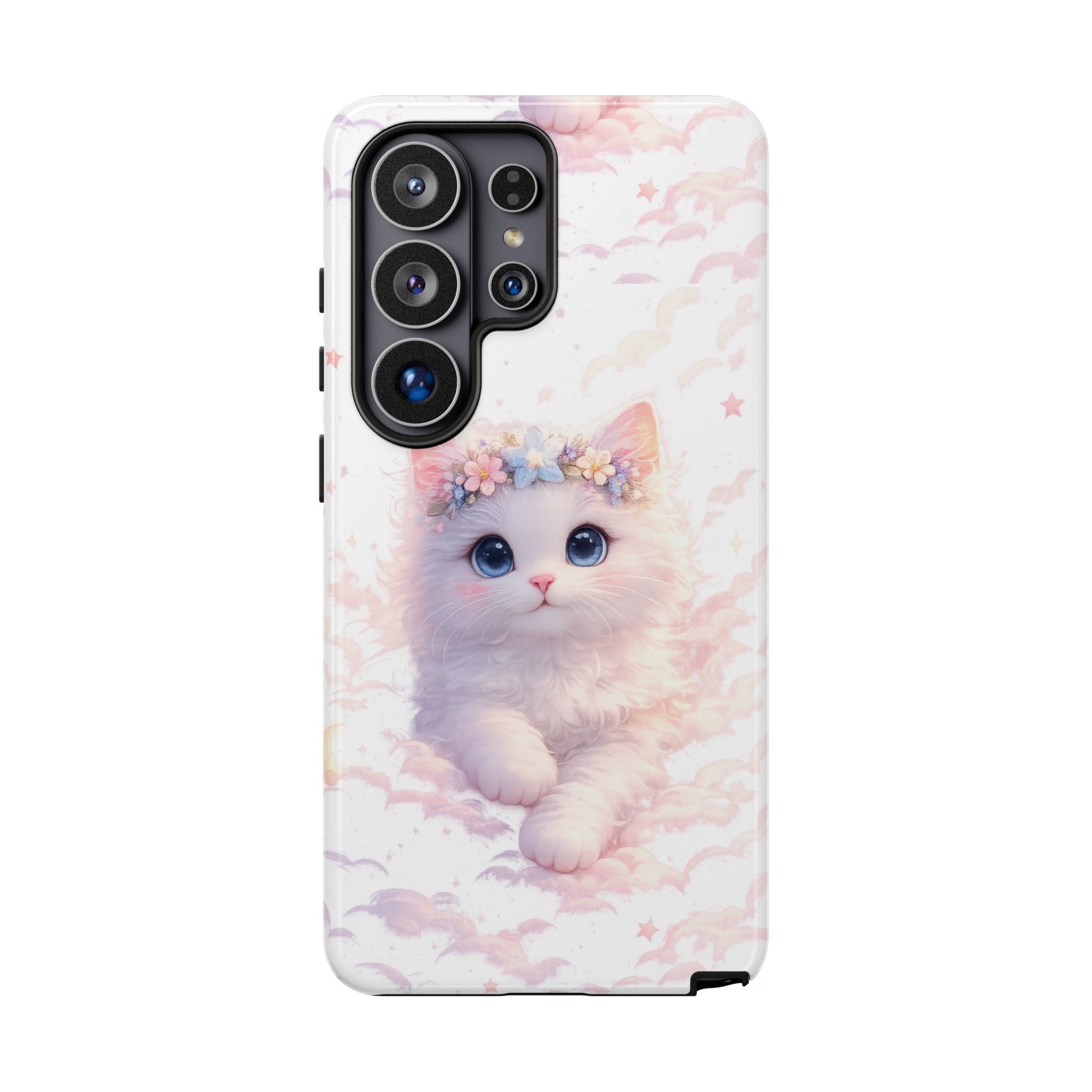 Cute Crowned Kitten Phone Case — Pastel Cloud & Star Protective Case