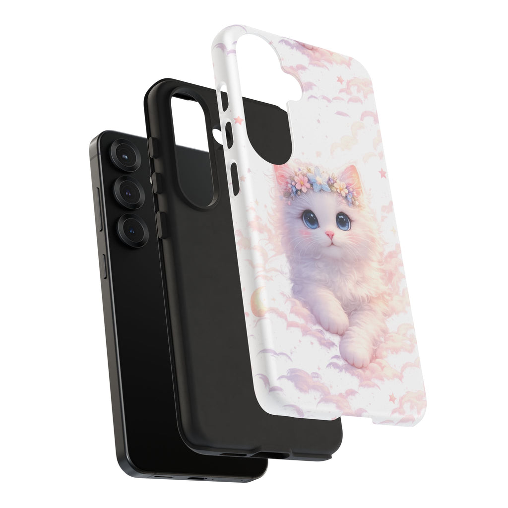 Cute Crowned Kitten Phone Case — Pastel Cloud & Star Protective Case