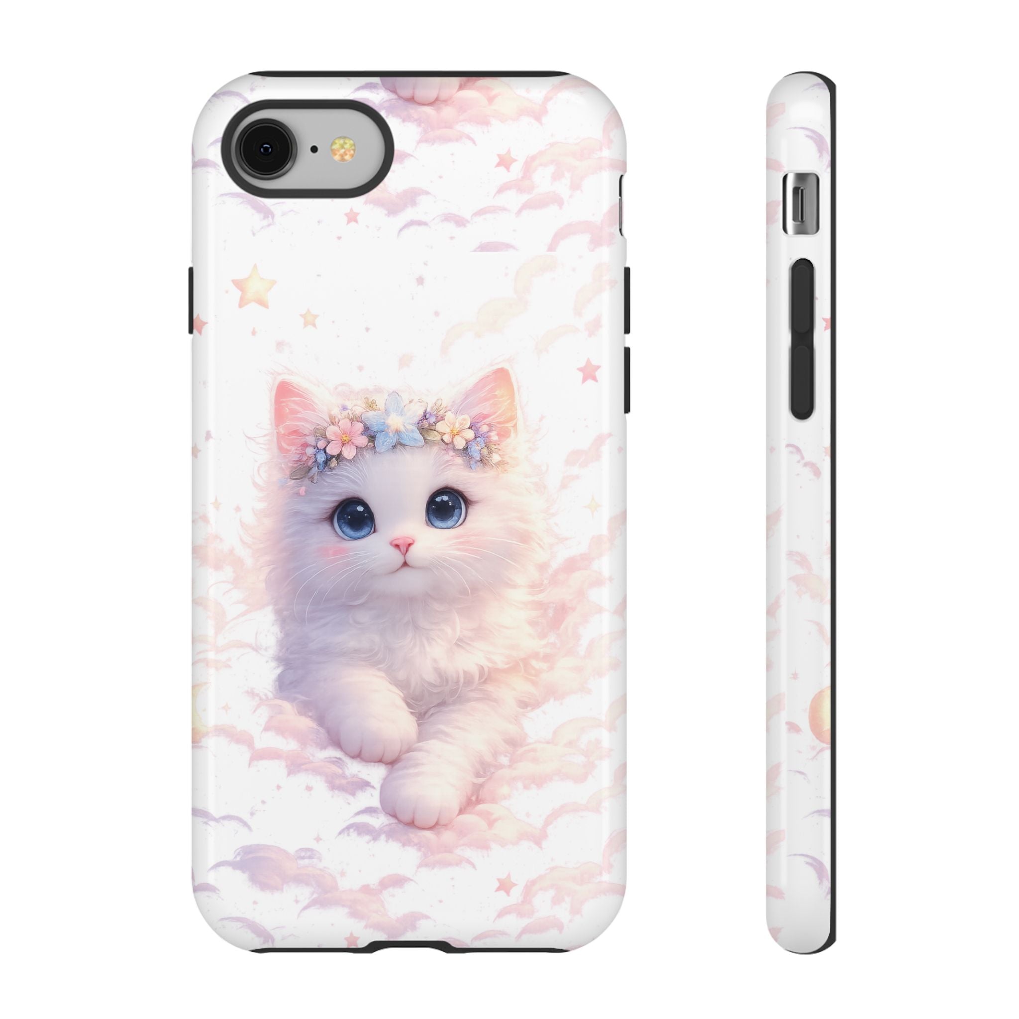 Cute Crowned Kitten Phone Case — Pastel Cloud & Star Protective Case