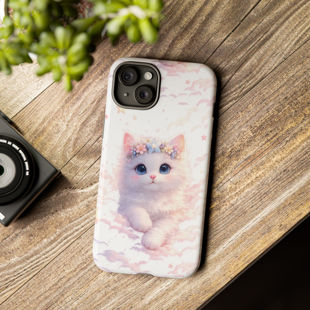 Cute Crowned Kitten Phone Case — Pastel Cloud & Star Protective Case