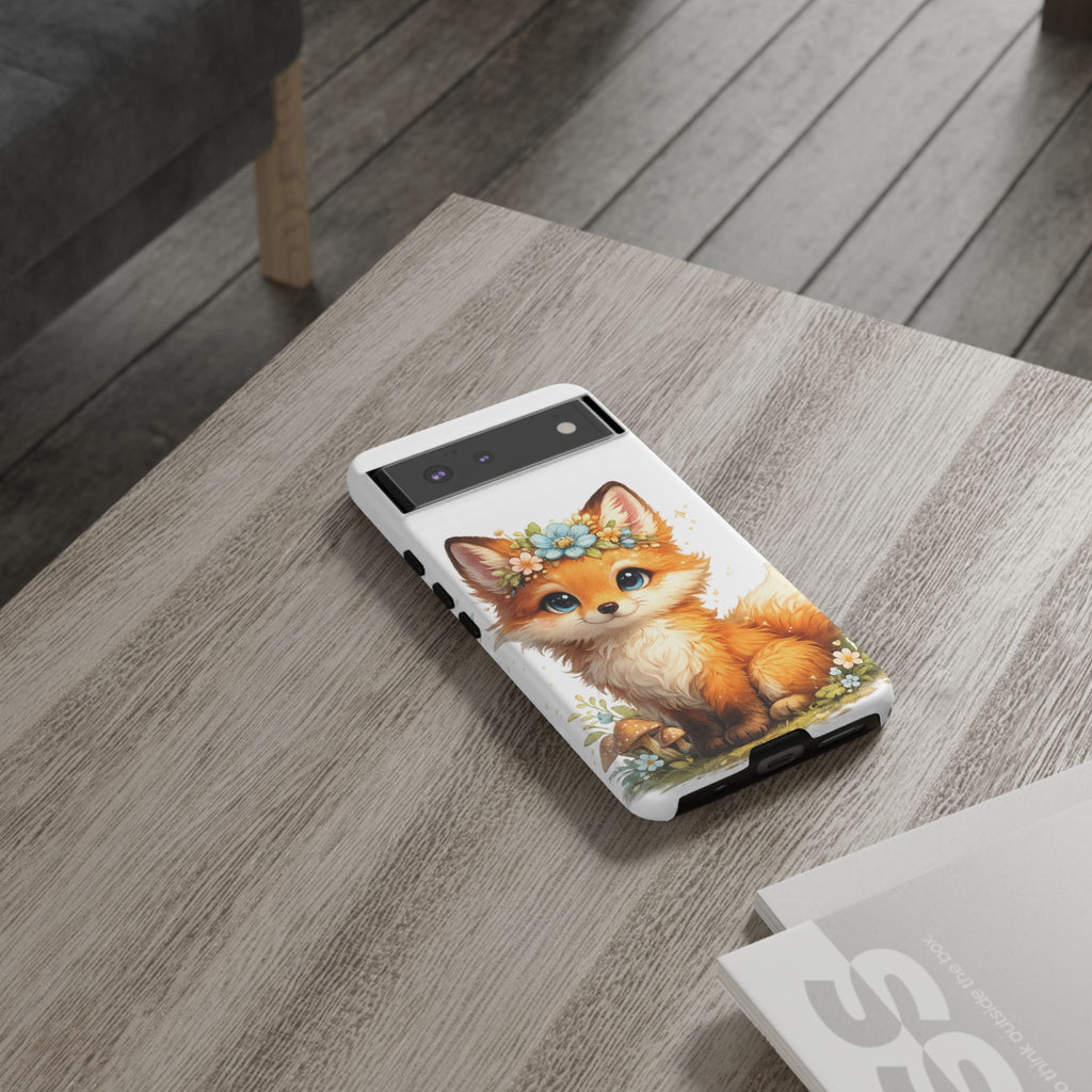 Woodland Fox Cub Phone Case — Protective Tough Case with Floral & Mushroom Art