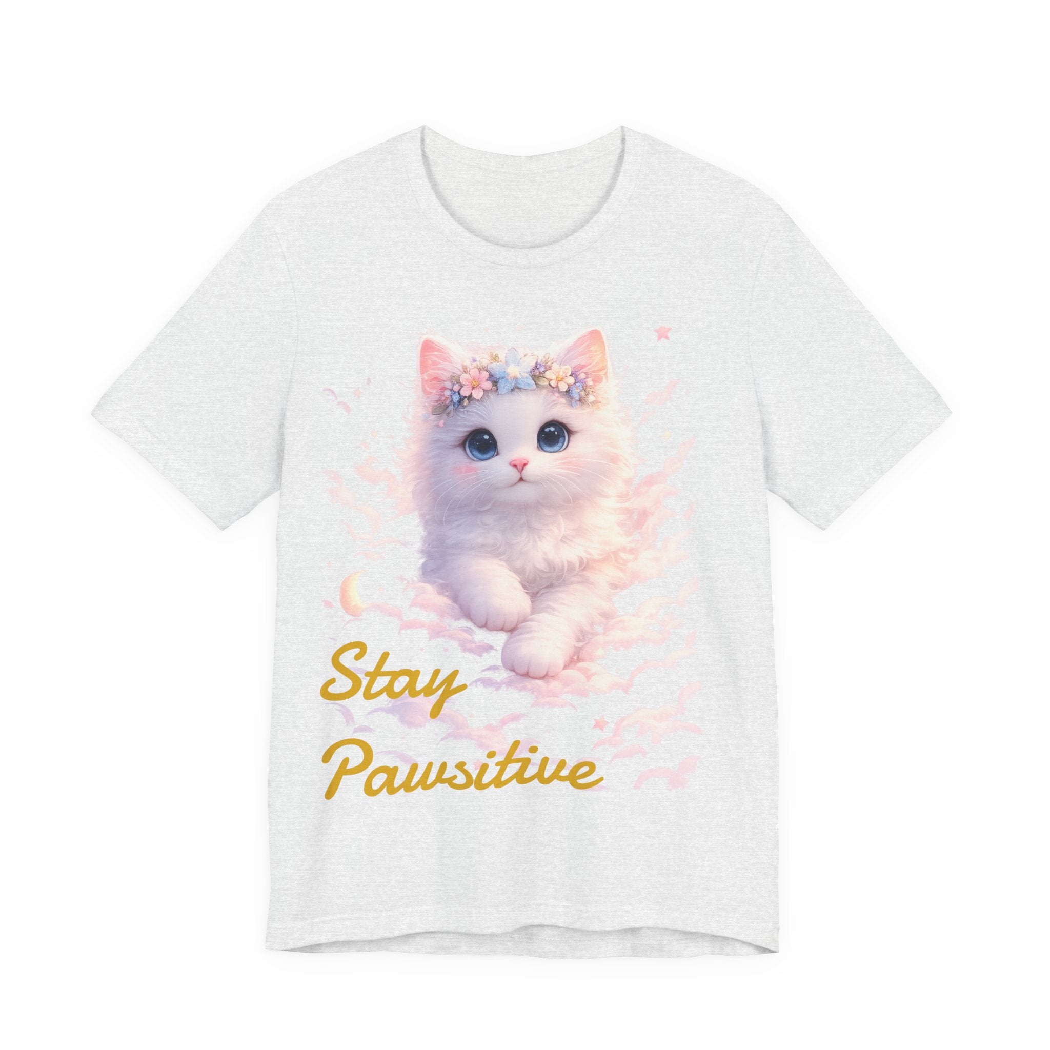Stay Pawsitive Kitten Tee | Floral Crown Cat, Pastel Cloud Illustration