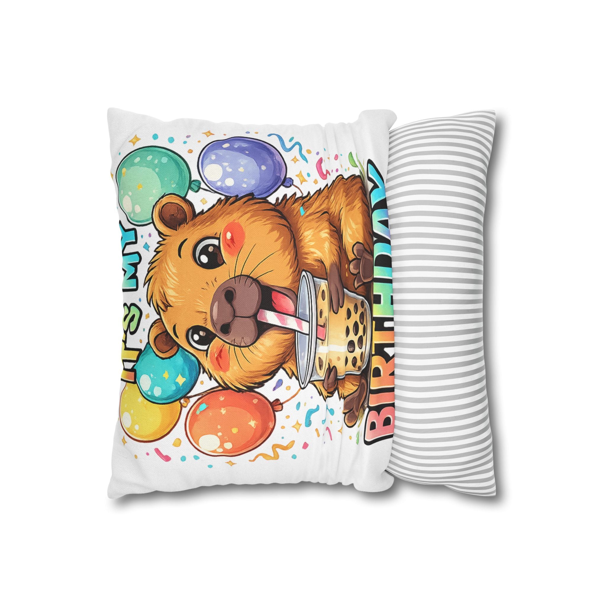 Cute Guinea Pig Drinking Bubble Tea Pillowcase | Birthday Balloon Design