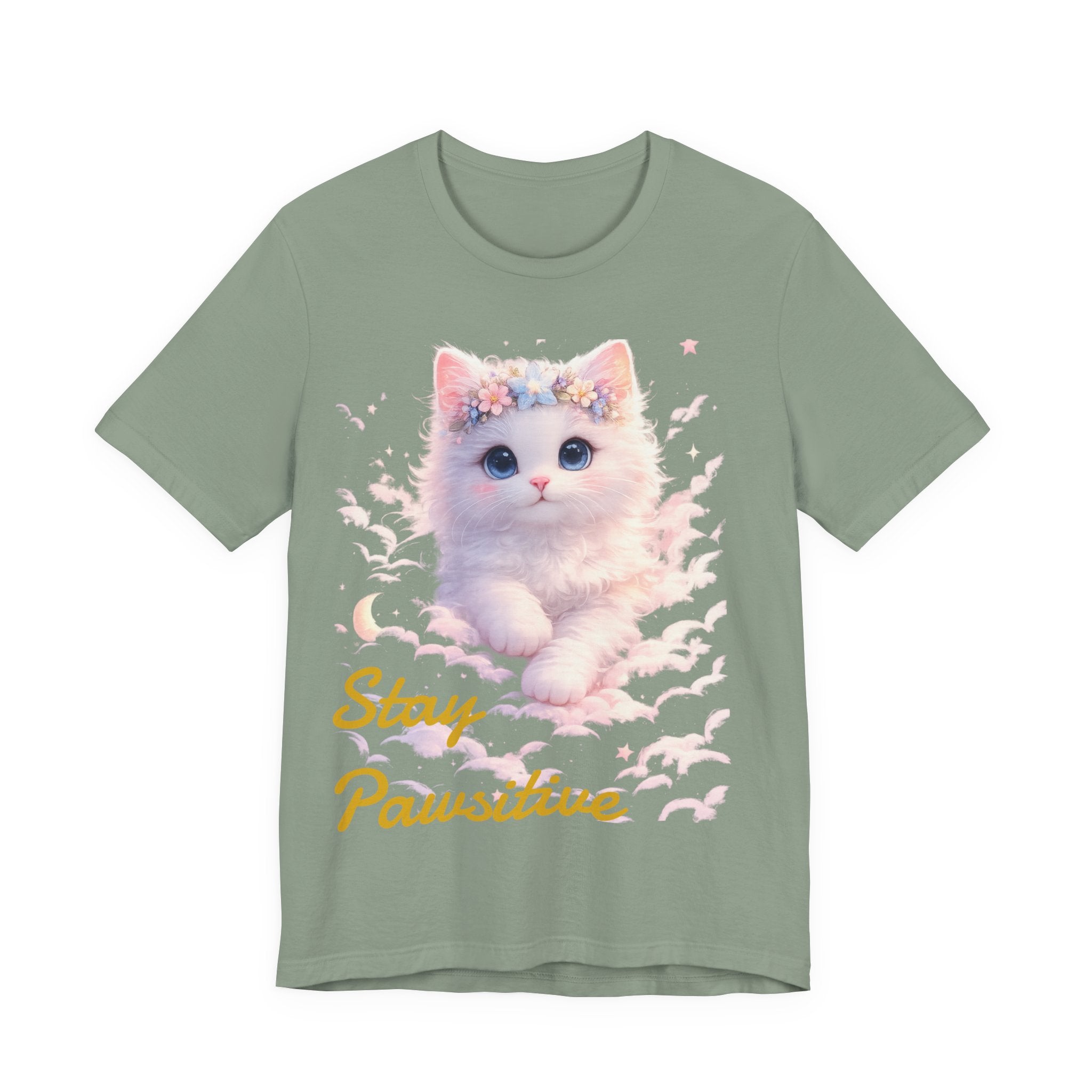 Stay Pawsitive Kitten Tee | Floral Crown Cat, Pastel Cloud Illustration