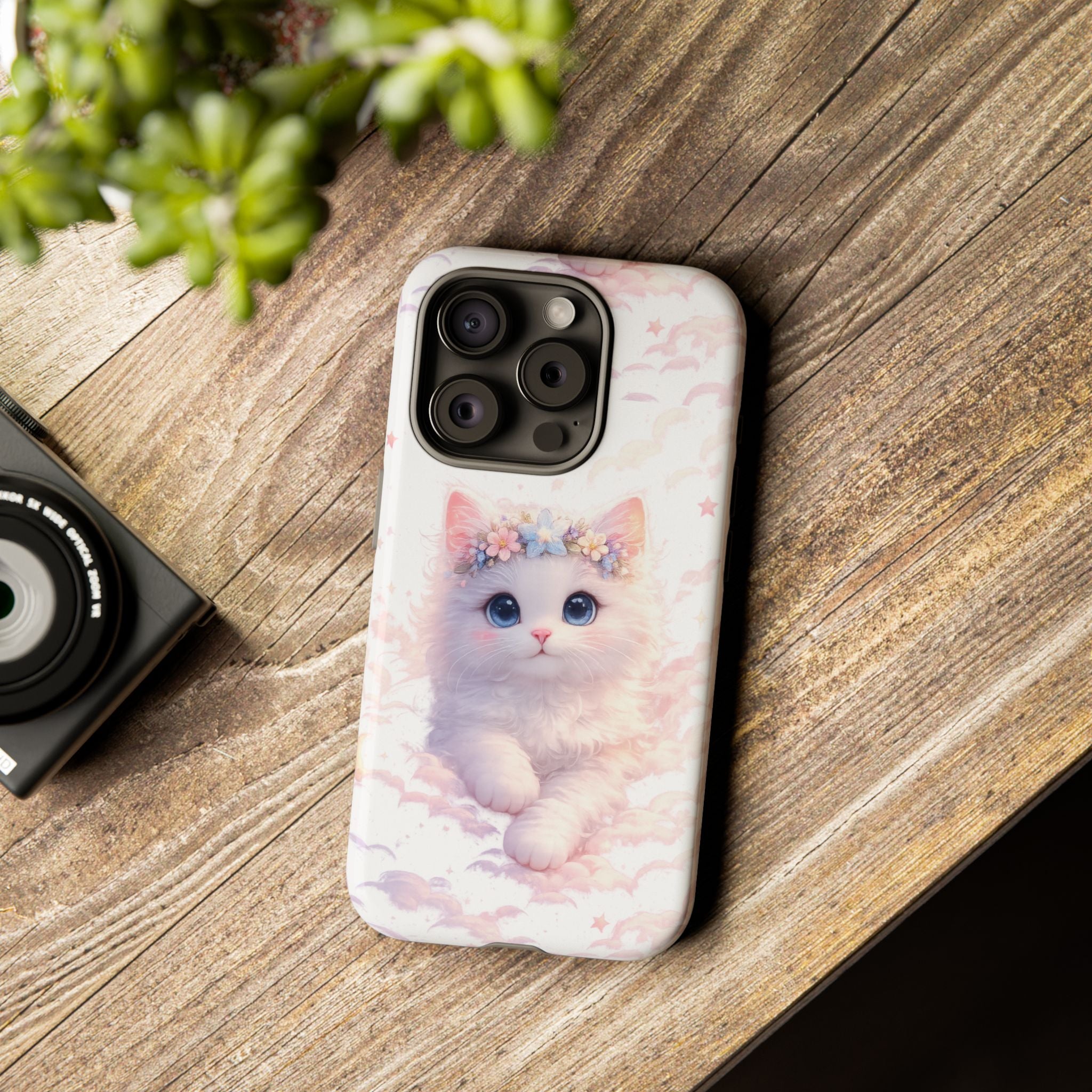 Cute Crowned Kitten Phone Case — Pastel Cloud & Star Protective Case