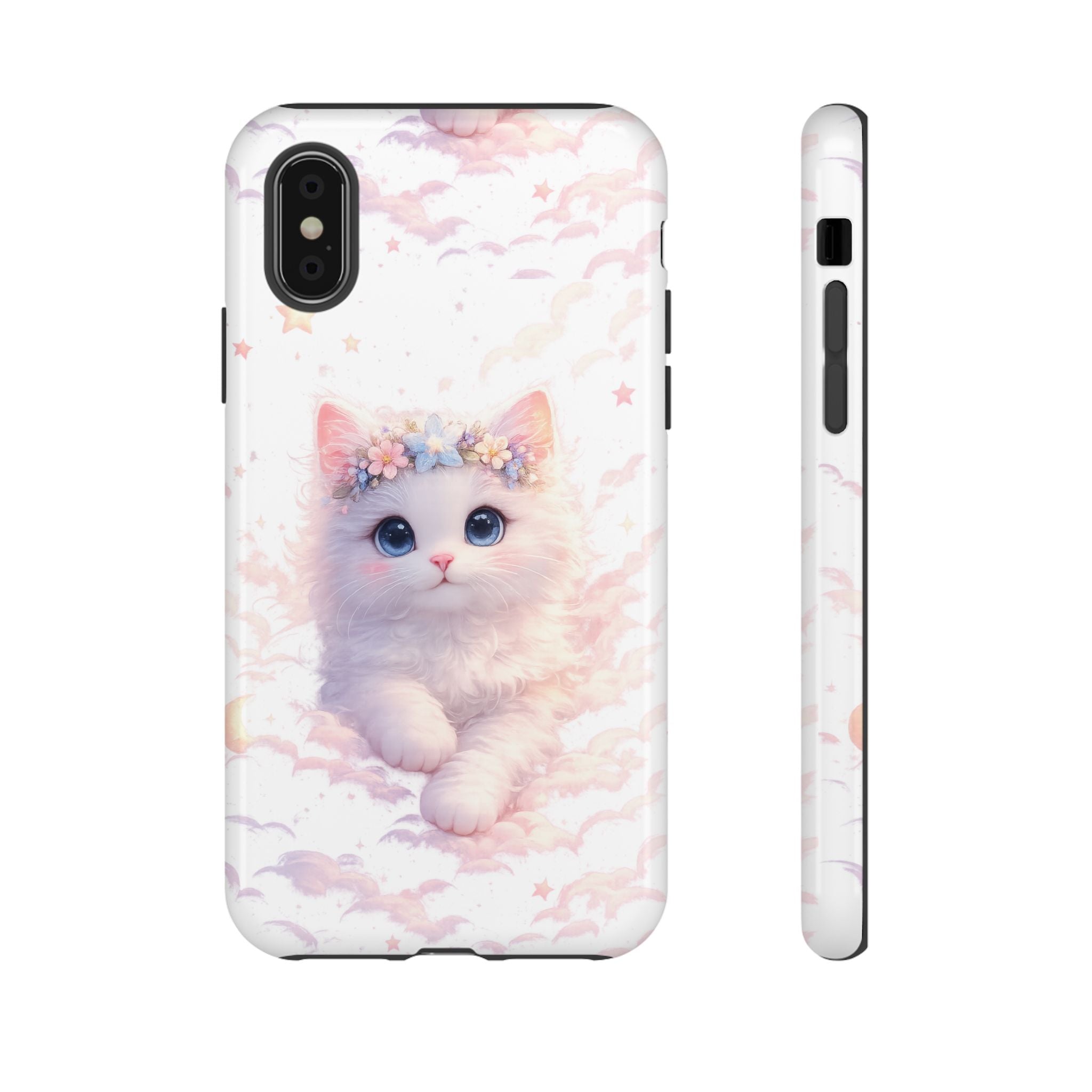 Cute Crowned Kitten Phone Case — Pastel Cloud & Star Protective Case