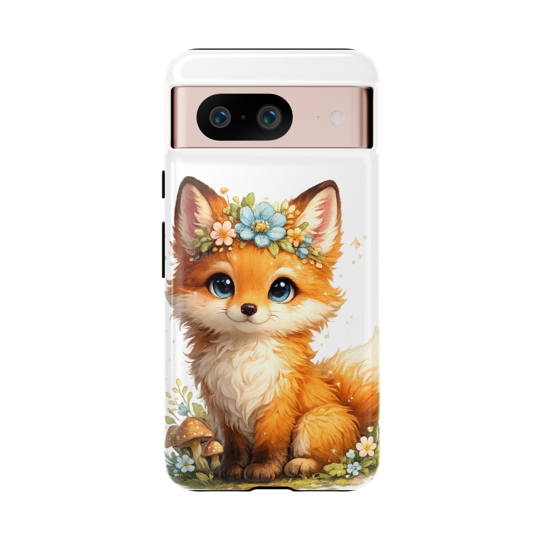 Woodland Fox Cub Phone Case — Protective Tough Case with Floral & Mushroom Art