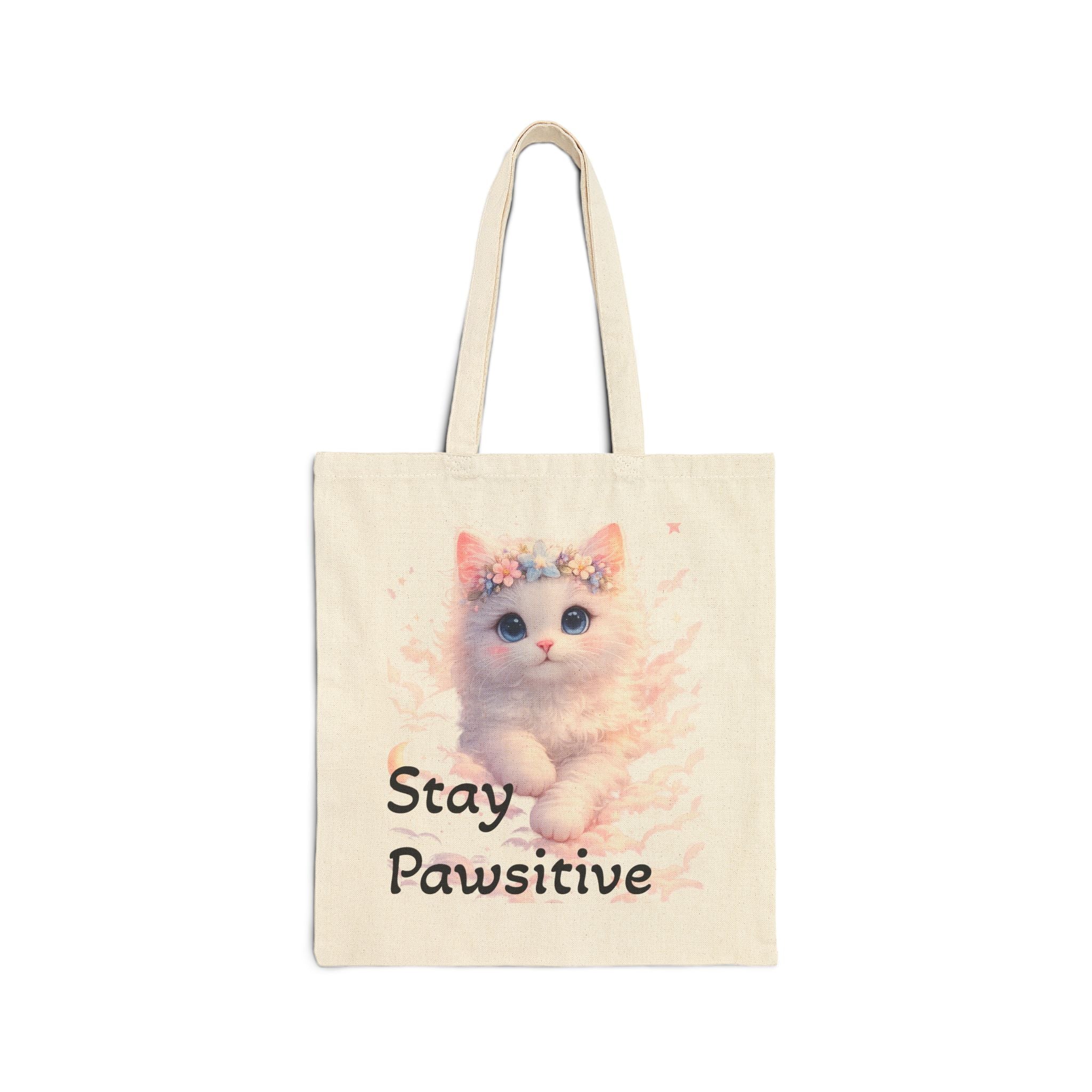 Stay Pawsitive Kitten Tote Bag | Cotton Canvas Market Bag