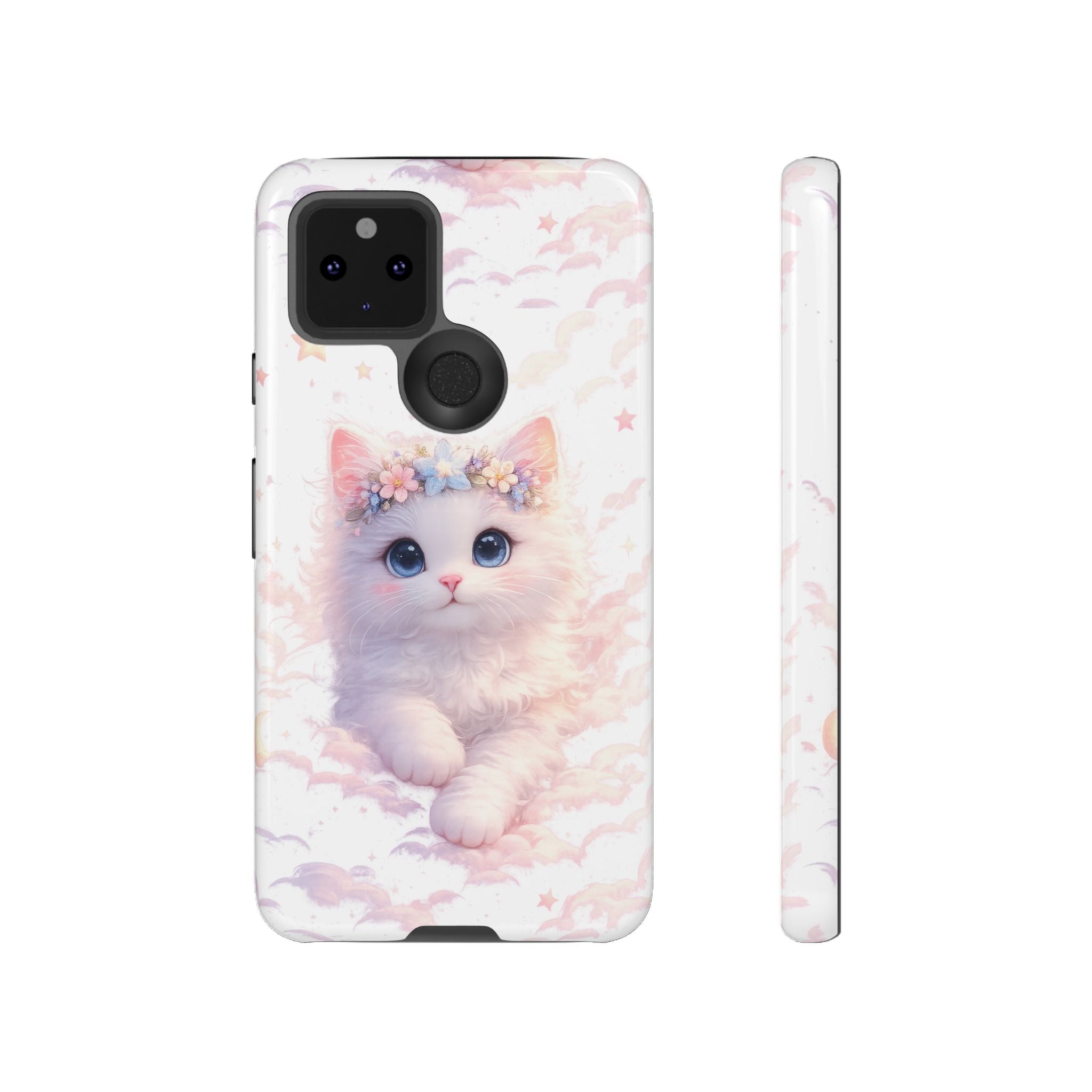 Cute Crowned Kitten Phone Case — Pastel Cloud & Star Protective Case