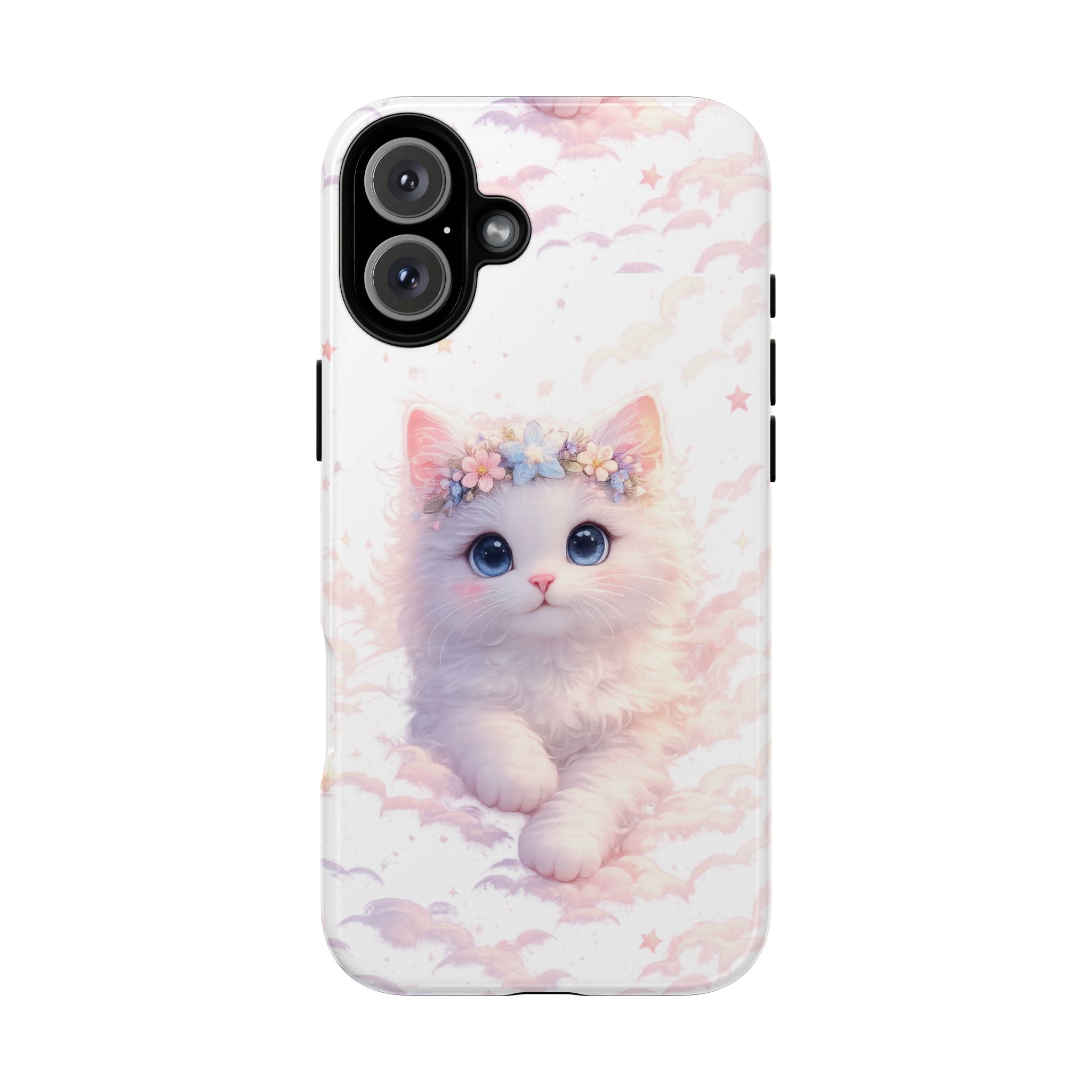 Cute Crowned Kitten Phone Case — Pastel Cloud & Star Protective Case