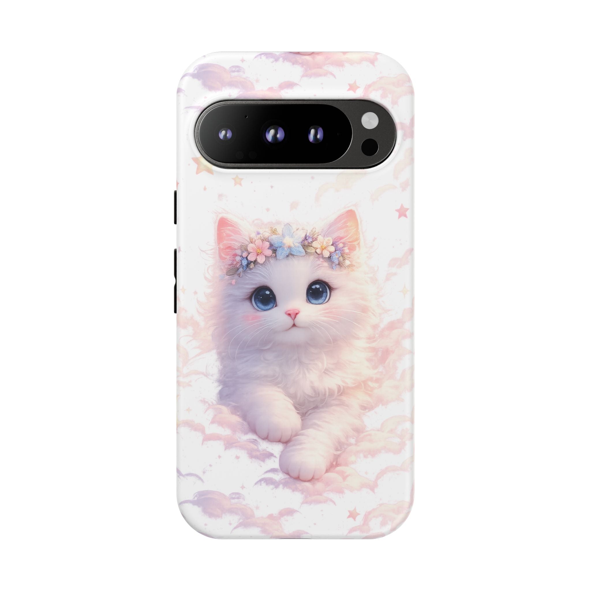 Cute Crowned Kitten Phone Case — Pastel Cloud & Star Protective Case