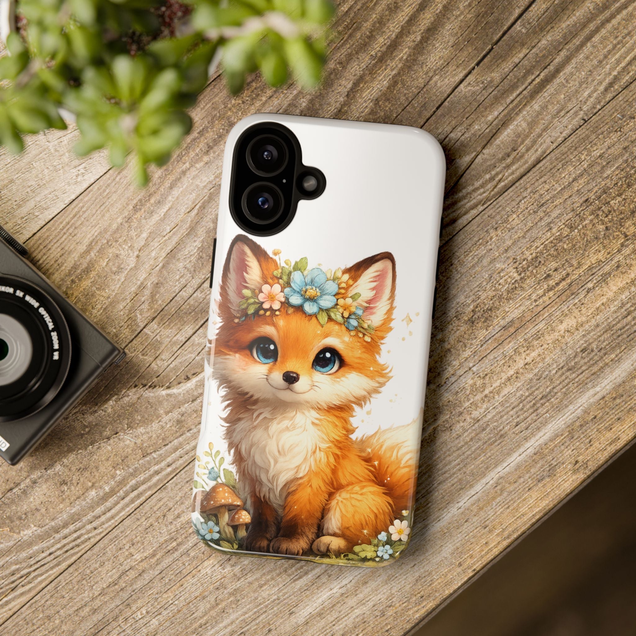 Woodland Fox Cub Phone Case — Protective Tough Case with Floral & Mushroom Art