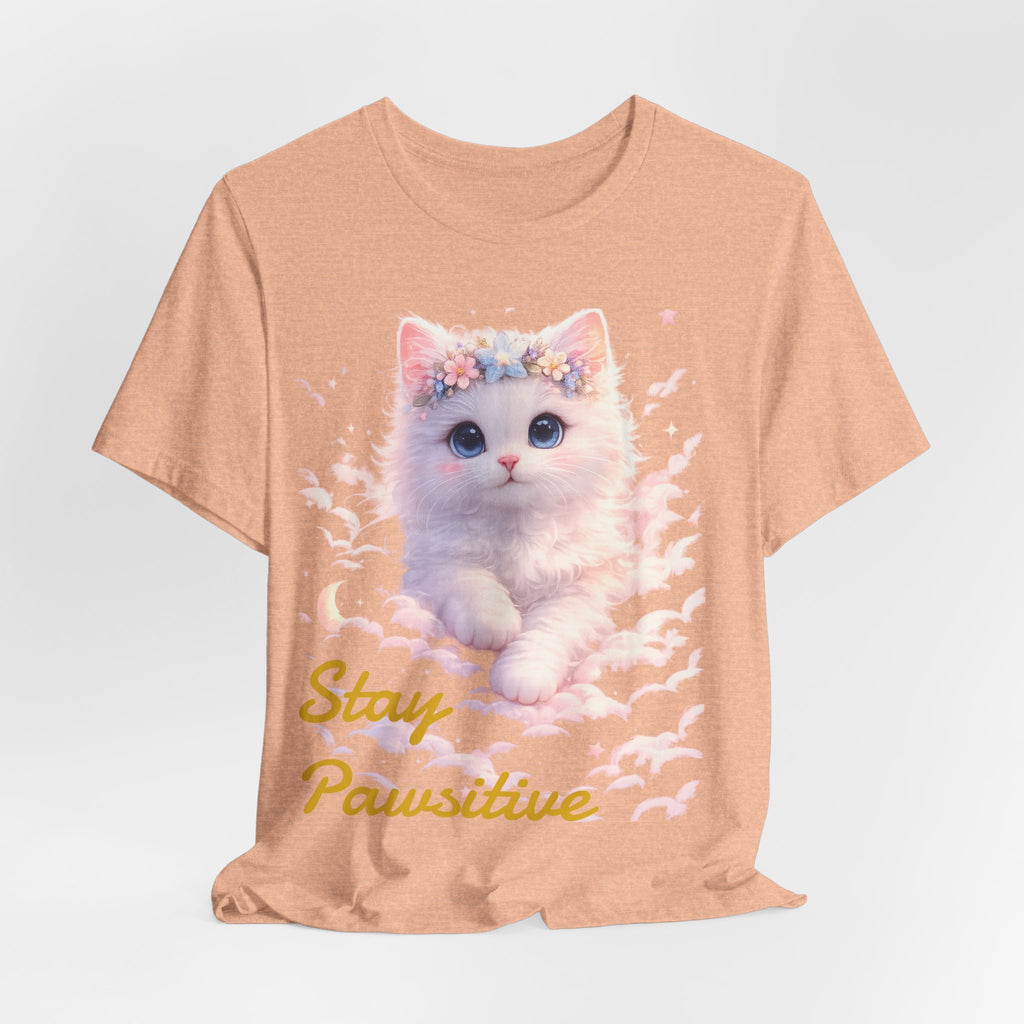 Stay Pawsitive Kitten Tee | Floral Crown Cat, Pastel Cloud Illustration