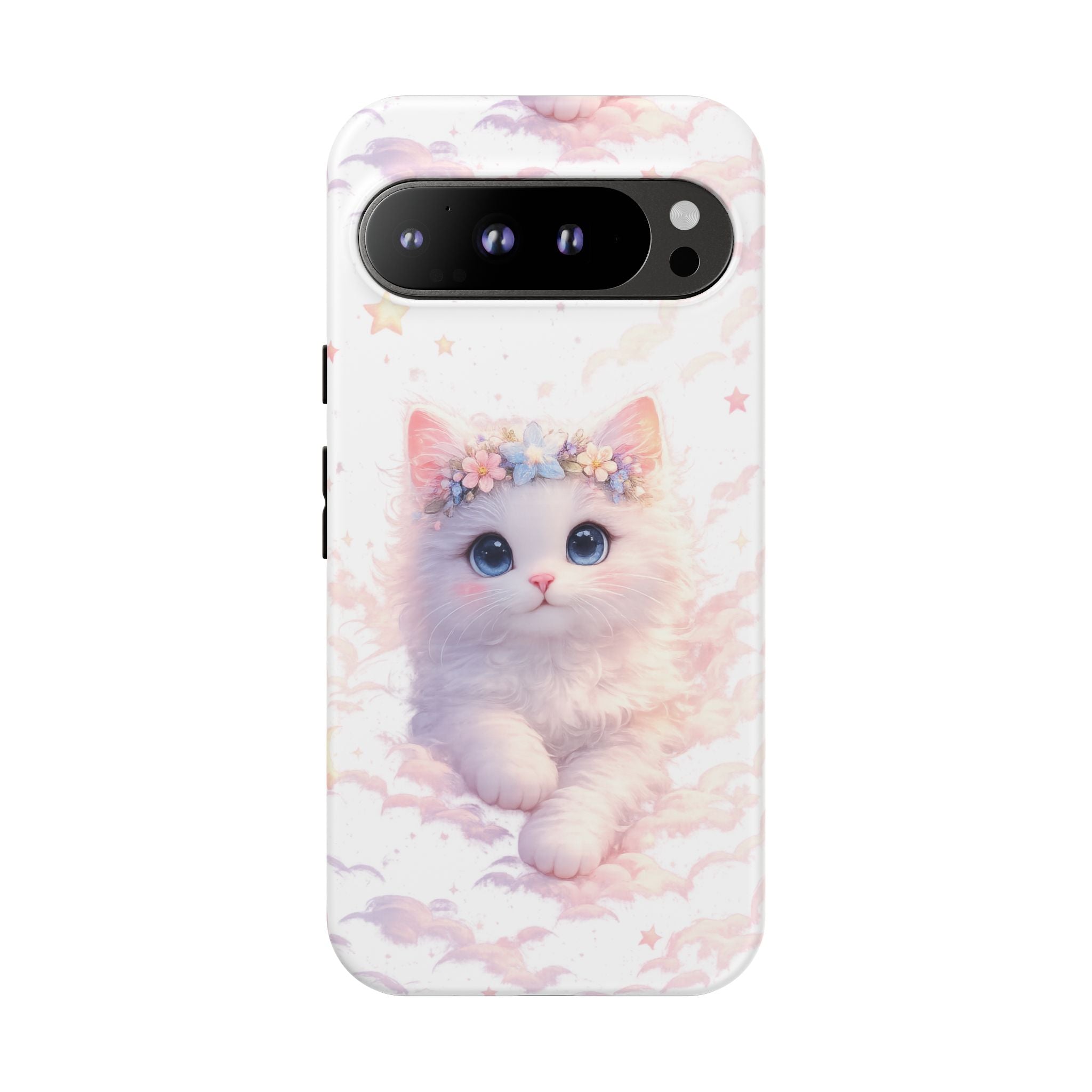 Cute Crowned Kitten Phone Case — Pastel Cloud & Star Protective Case