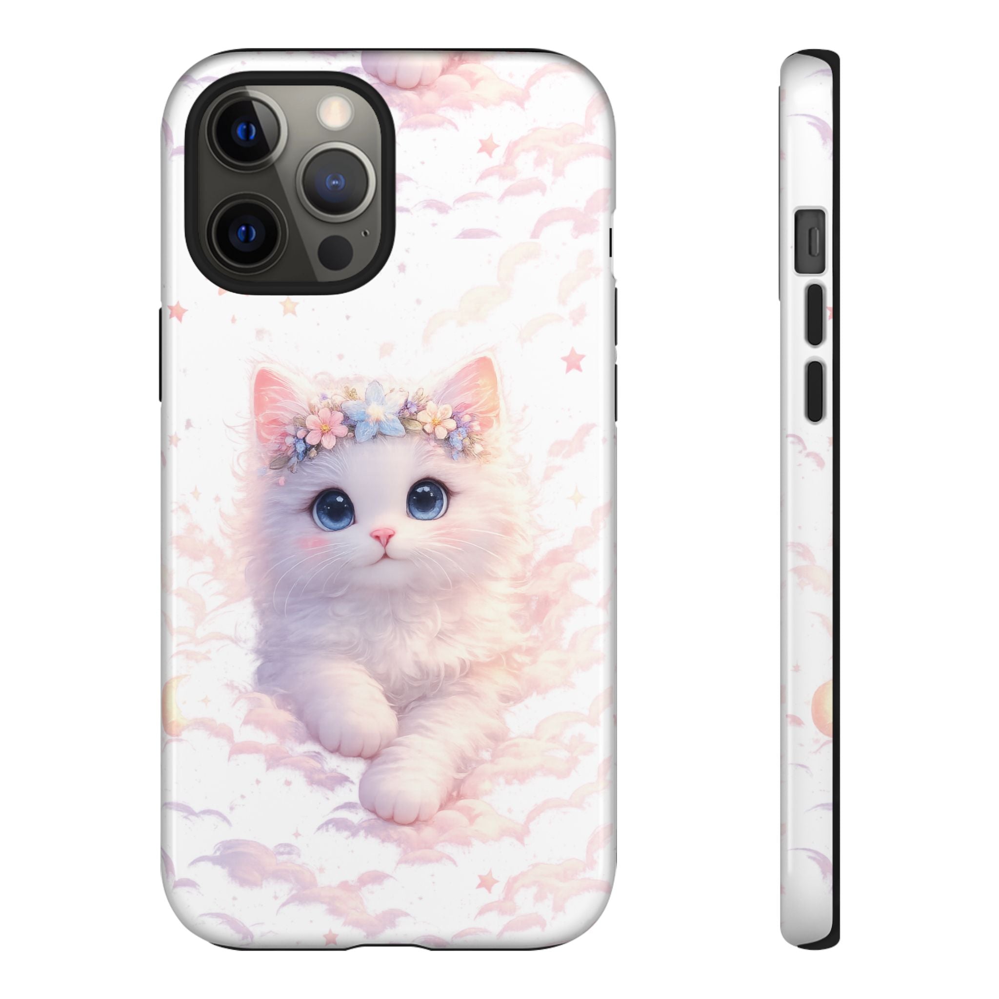 Cute Crowned Kitten Phone Case — Pastel Cloud & Star Protective Case