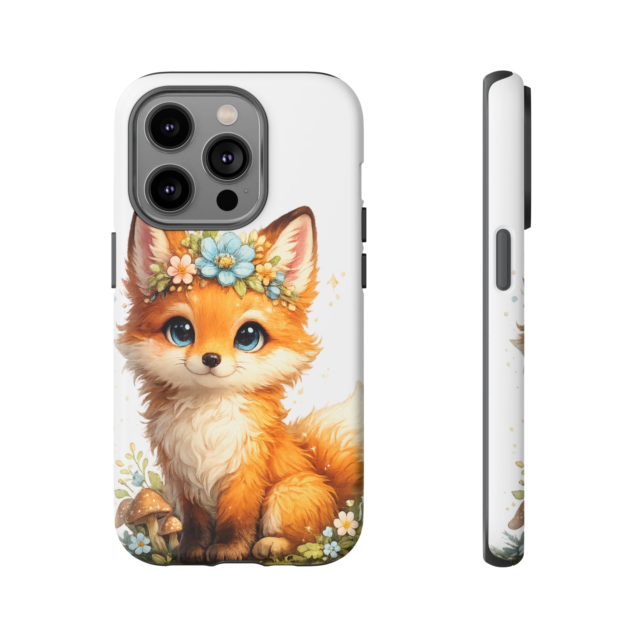 Woodland Fox Cub Phone Case — Protective Tough Case with Floral & Mushroom Art