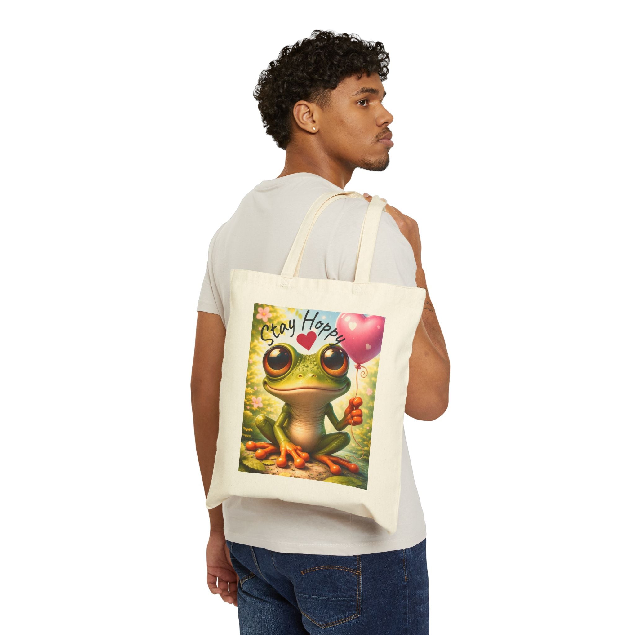 Frog Joy Cotton Canvas Tote — Cheerful Frog Artwork Market Bag