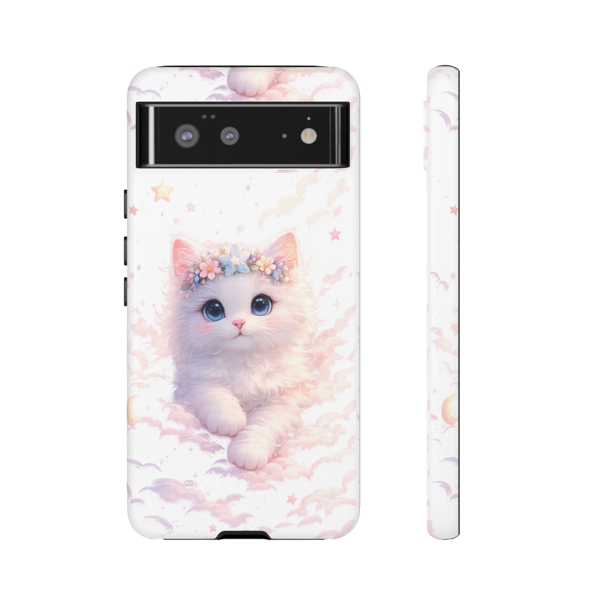 Cute Crowned Kitten Phone Case — Pastel Cloud & Star Protective Case