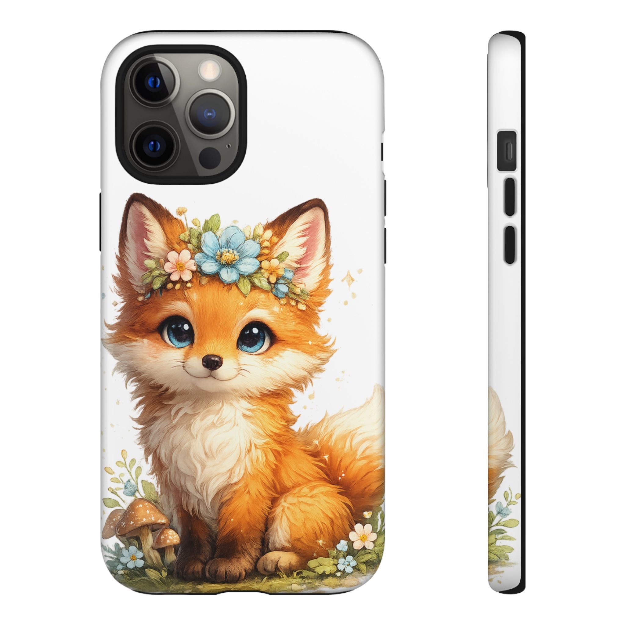 Woodland Fox Cub Phone Case — Protective Tough Case with Floral & Mushroom Art
