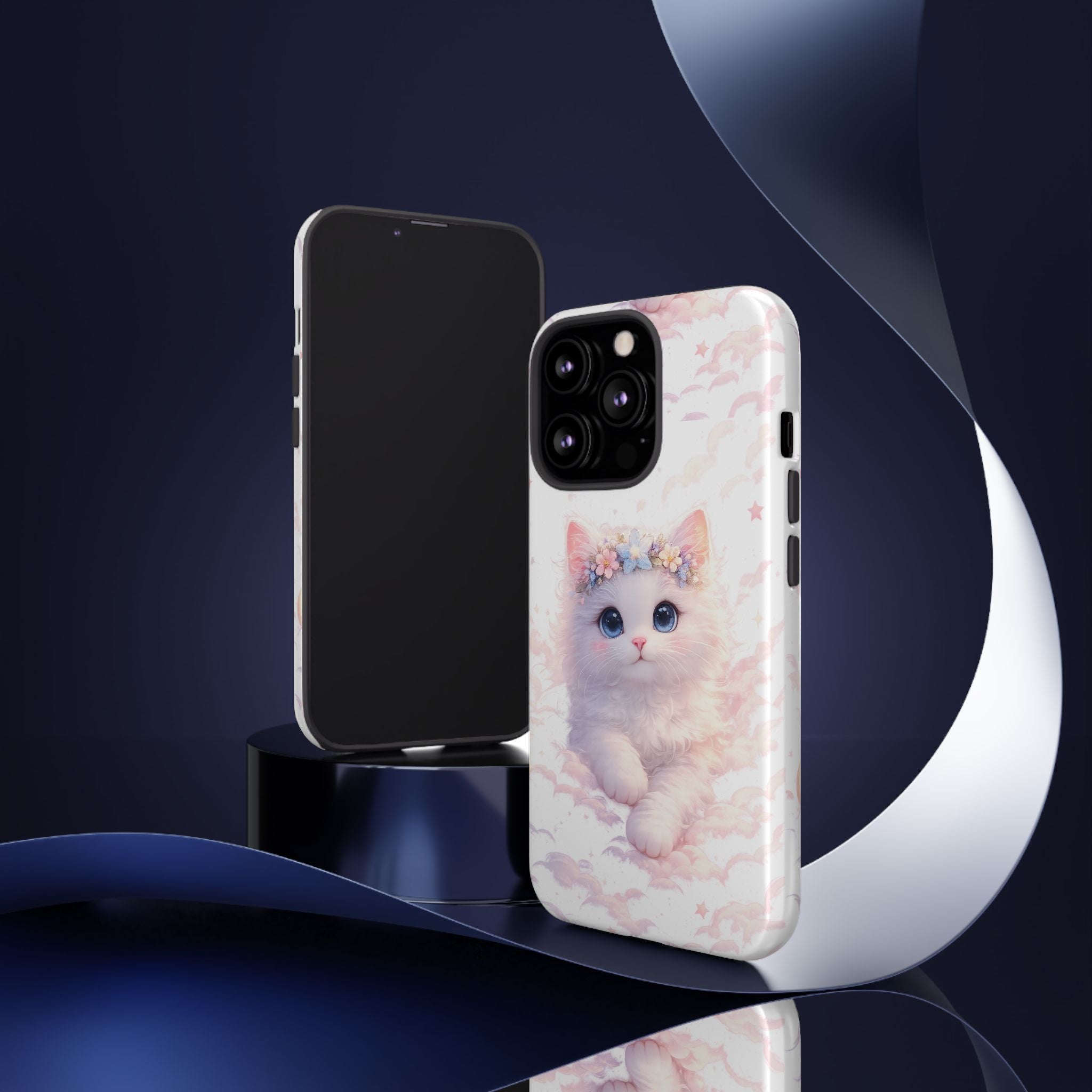 Cute Crowned Kitten Phone Case — Pastel Cloud & Star Protective Case