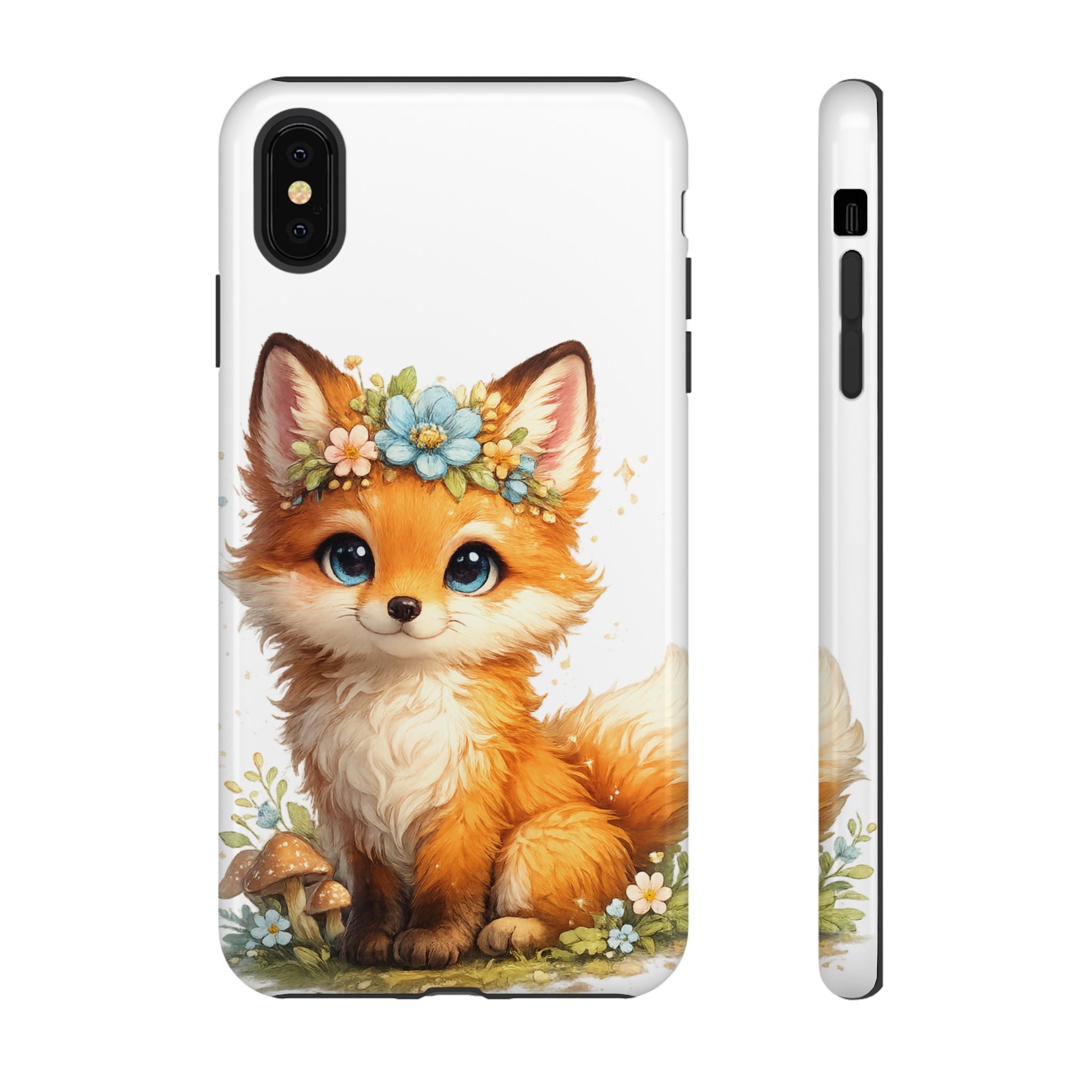 Woodland Fox Cub Phone Case — Protective Tough Case with Floral & Mushroom Art