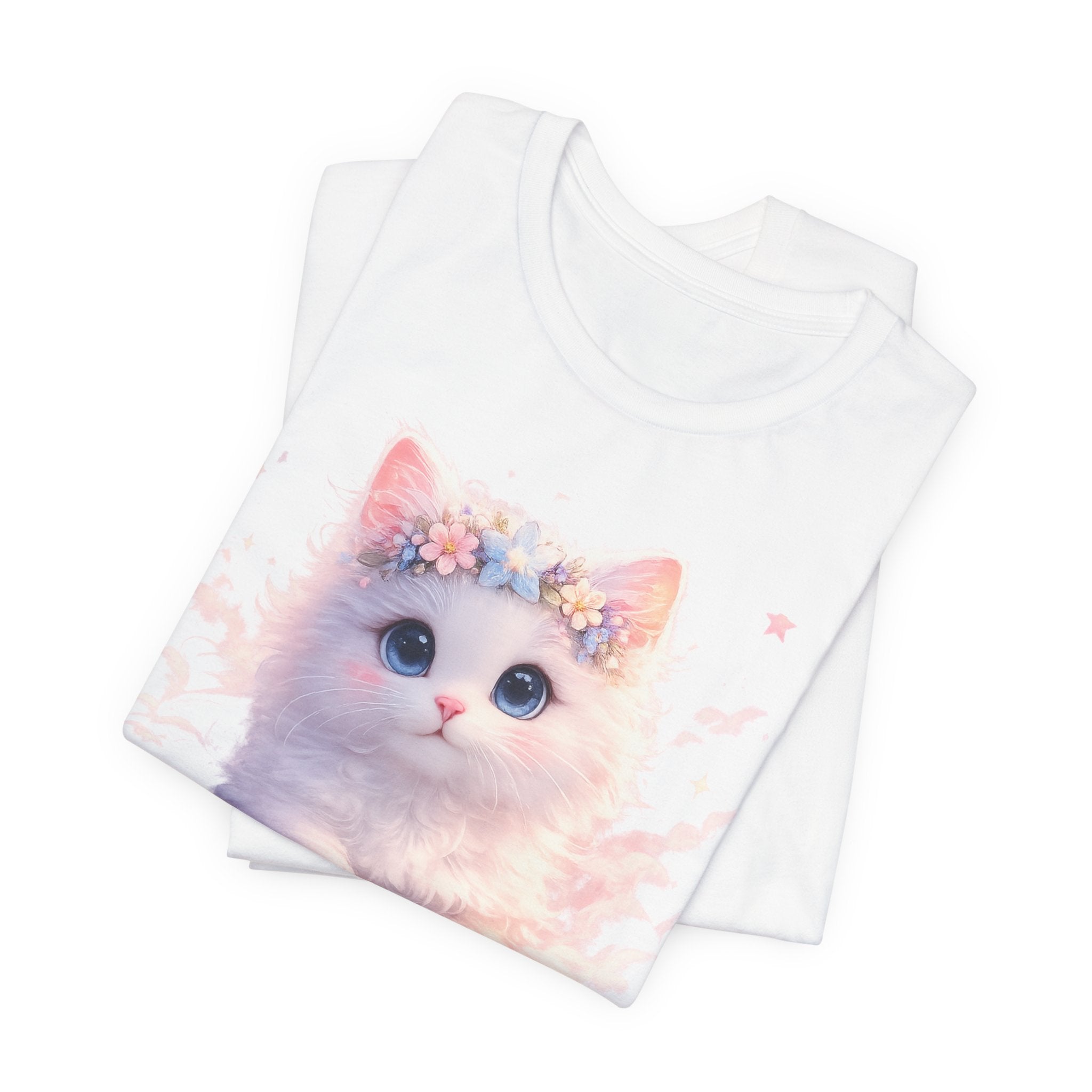 Stay Pawsitive Kitten Tee | Floral Crown Cat, Pastel Cloud Illustration