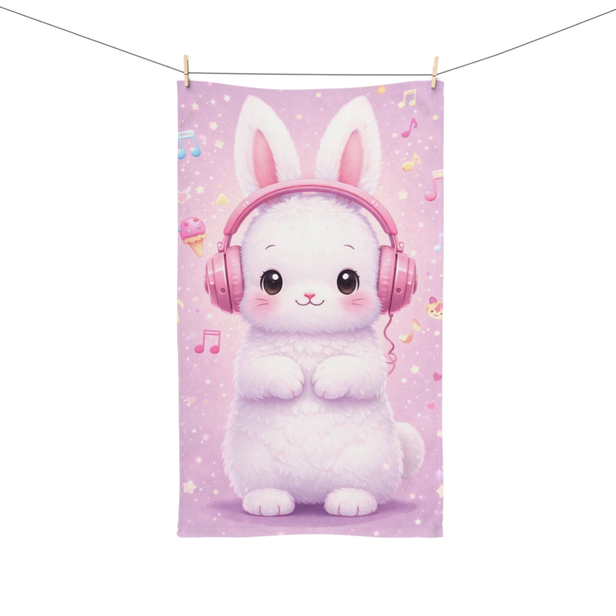 Cute Bunny with Pink Headphones Hand Towel | Musical Notes, Pastel Treats
