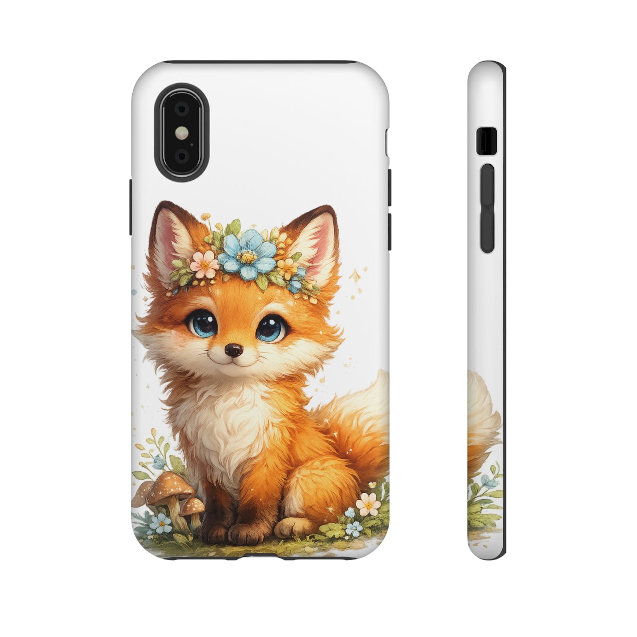 Woodland Fox Cub Phone Case — Protective Tough Case with Floral & Mushroom Art
