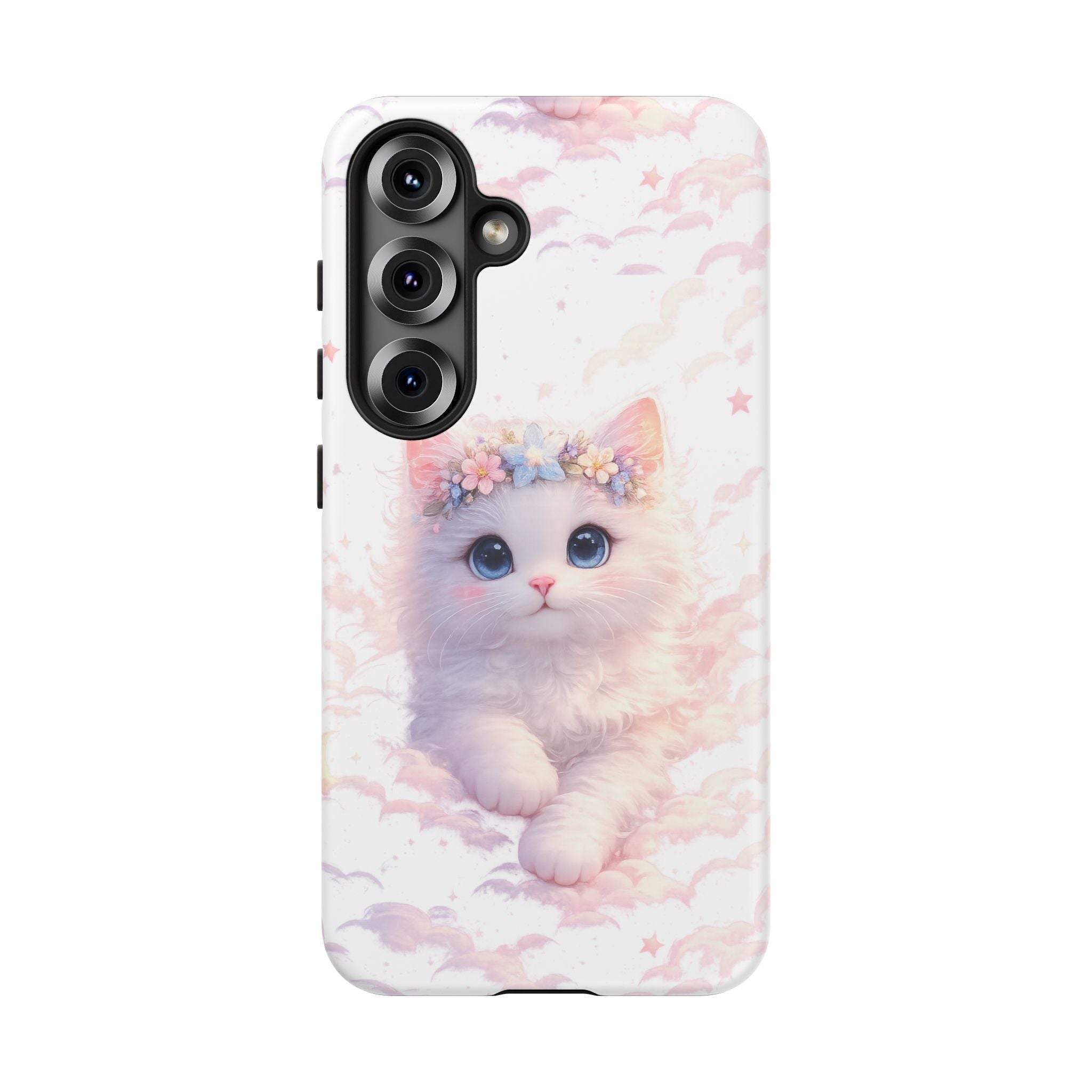 Cute Crowned Kitten Phone Case — Pastel Cloud & Star Protective Case