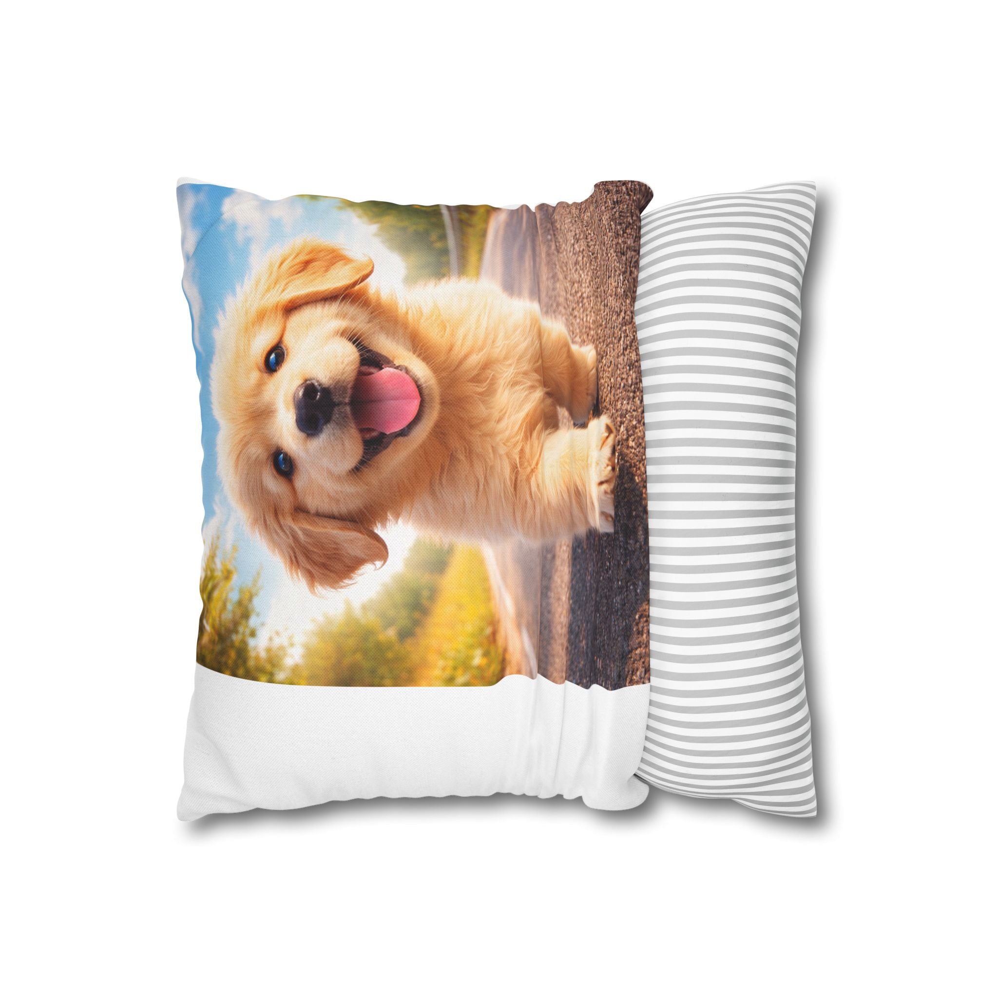 Joyful Golden Puppy Running Square Pillowcase | Spun Polyester