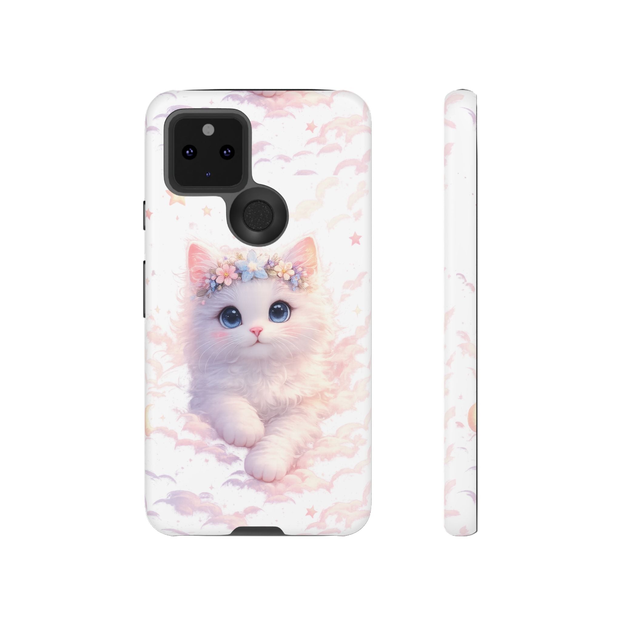 Cute Crowned Kitten Phone Case — Pastel Cloud & Star Protective Case