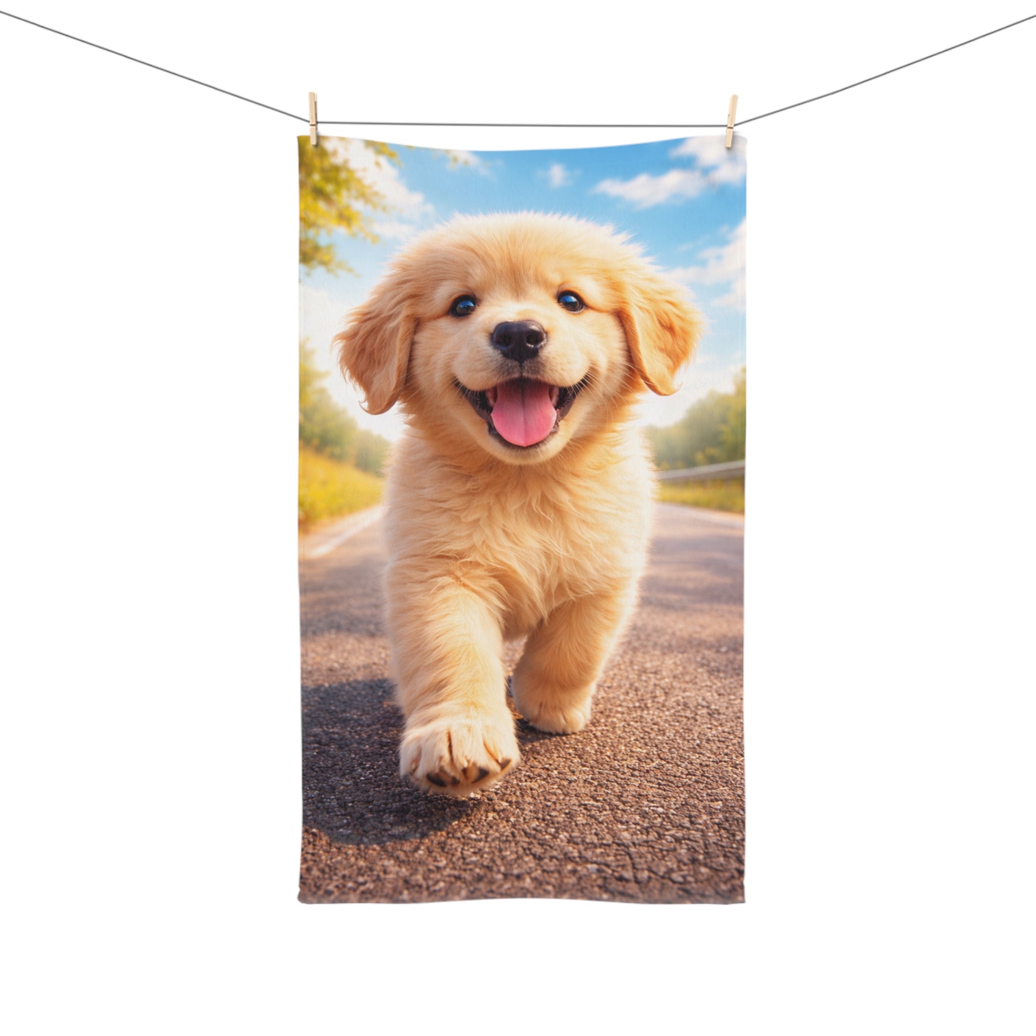 Golden Retriever Puppy Hand Towel | Sunny Country Lane, Vibrant Print