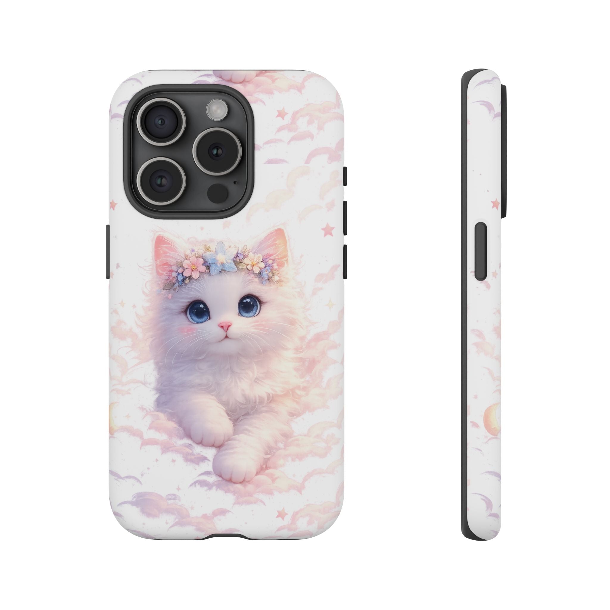 Cute Crowned Kitten Phone Case — Pastel Cloud & Star Protective Case