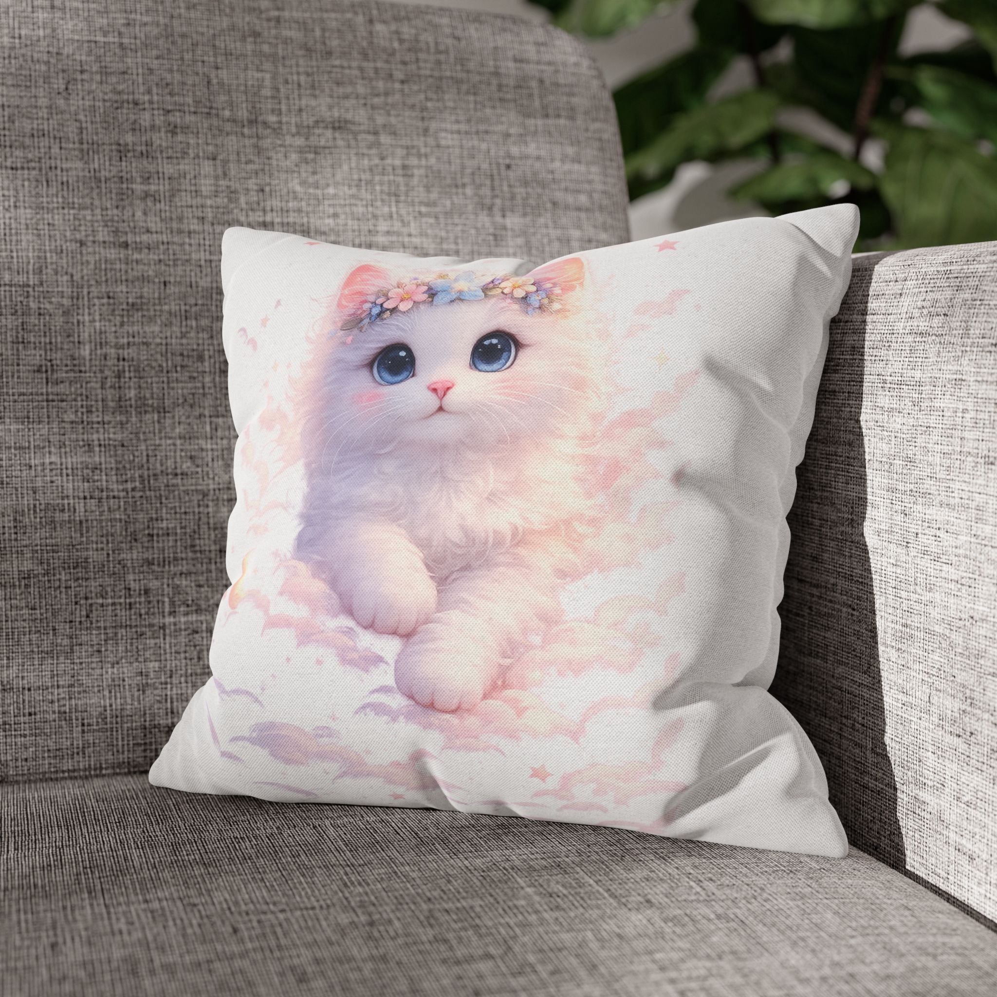 Fluffy Kitten with Flower Crown Square Pillowcase | Pastel Nursery Decor