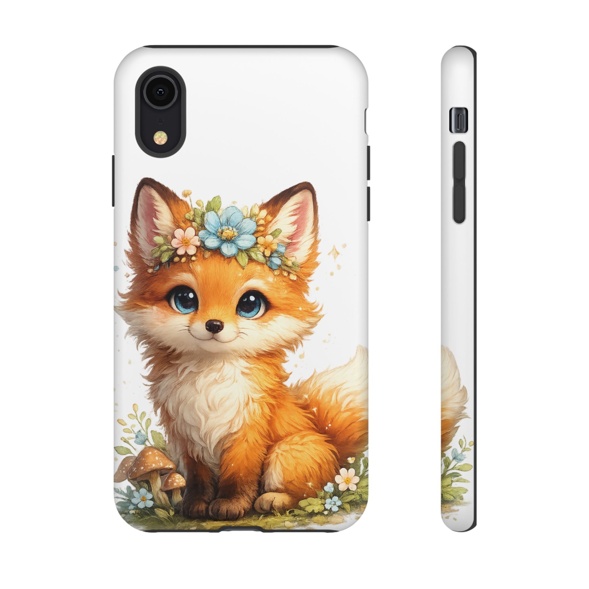 Woodland Fox Cub Phone Case — Protective Tough Case with Floral & Mushroom Art
