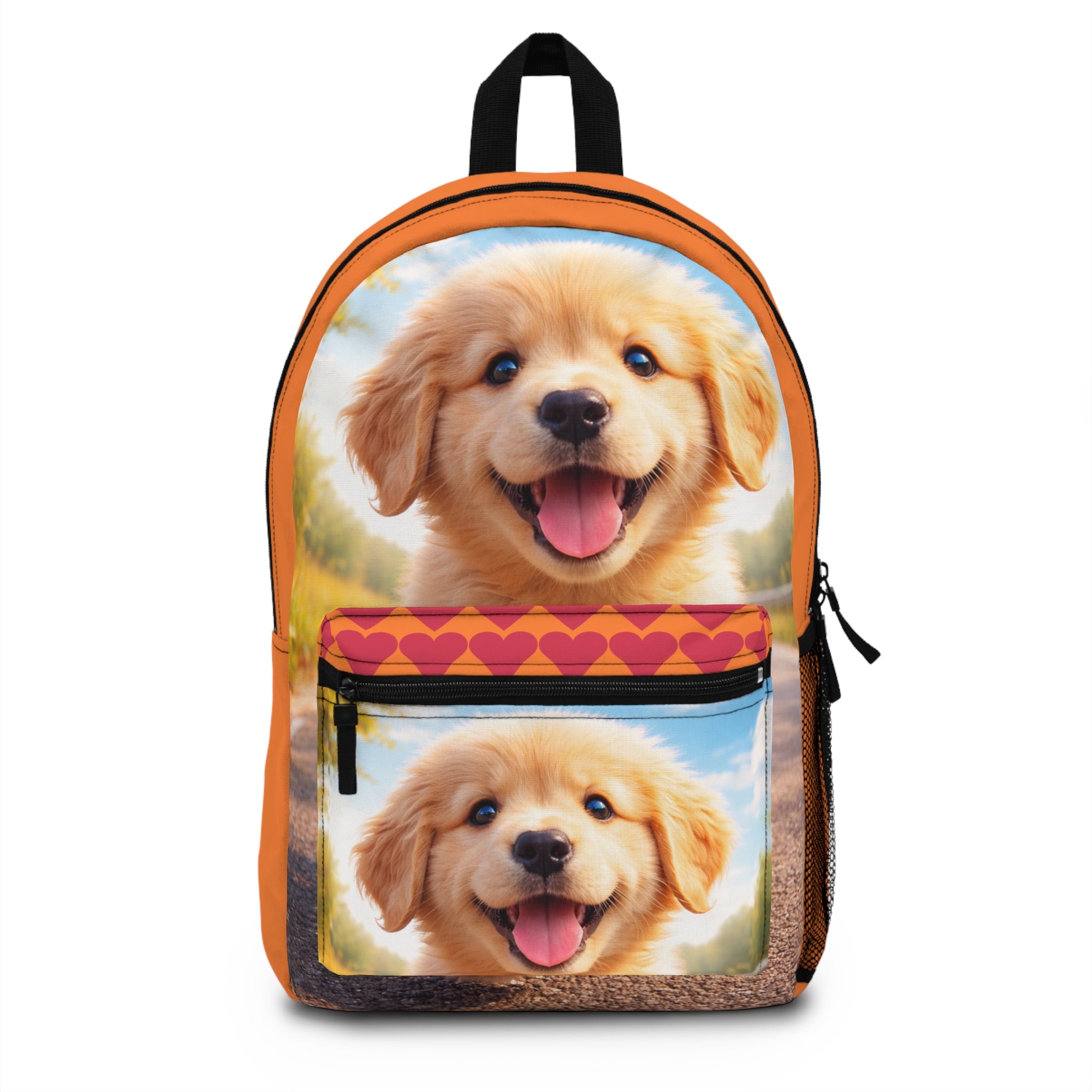 Golden Puppy Print Backpack | Orange Heart Pocket, Lightweight Daypack