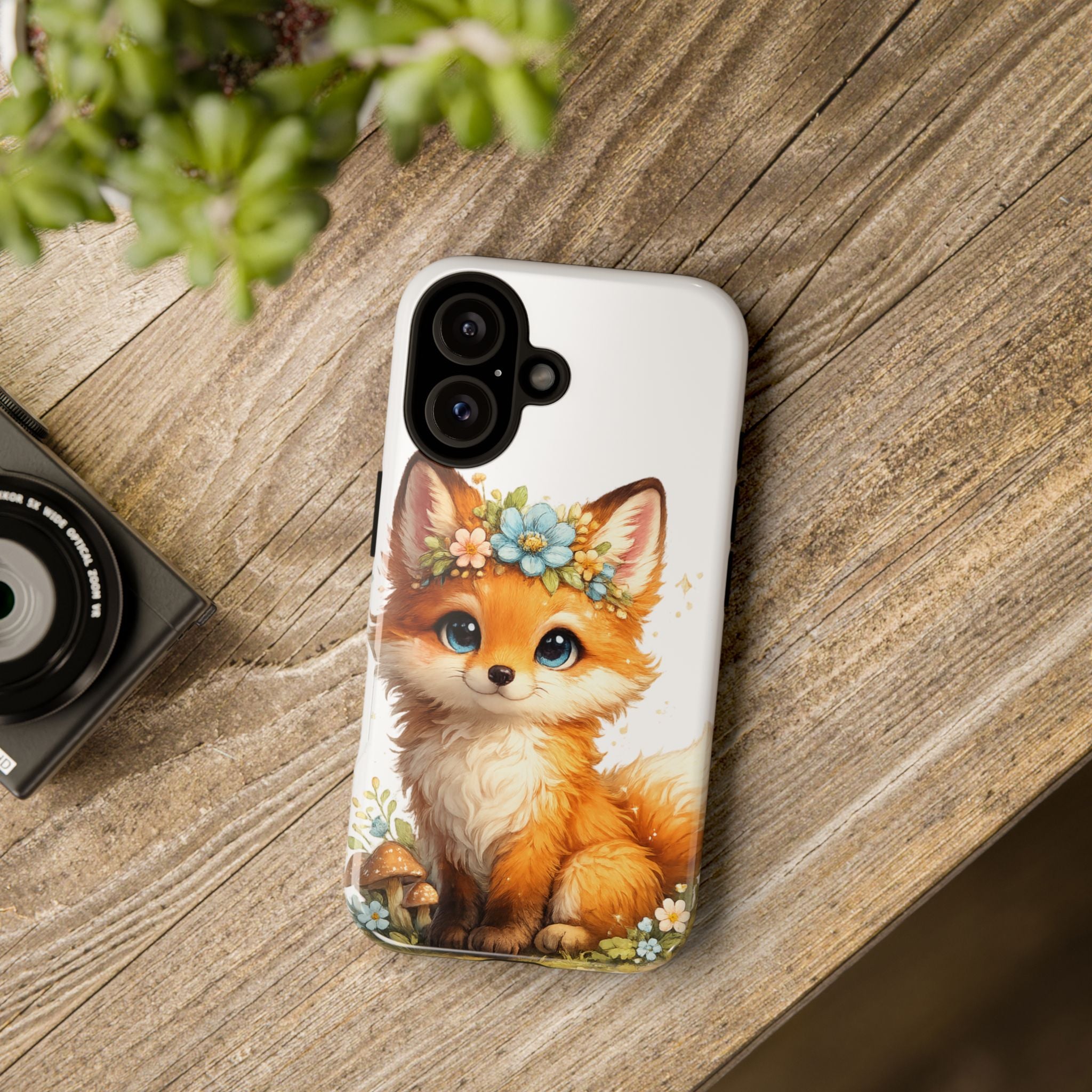Woodland Fox Cub Phone Case — Protective Tough Case with Floral & Mushroom Art