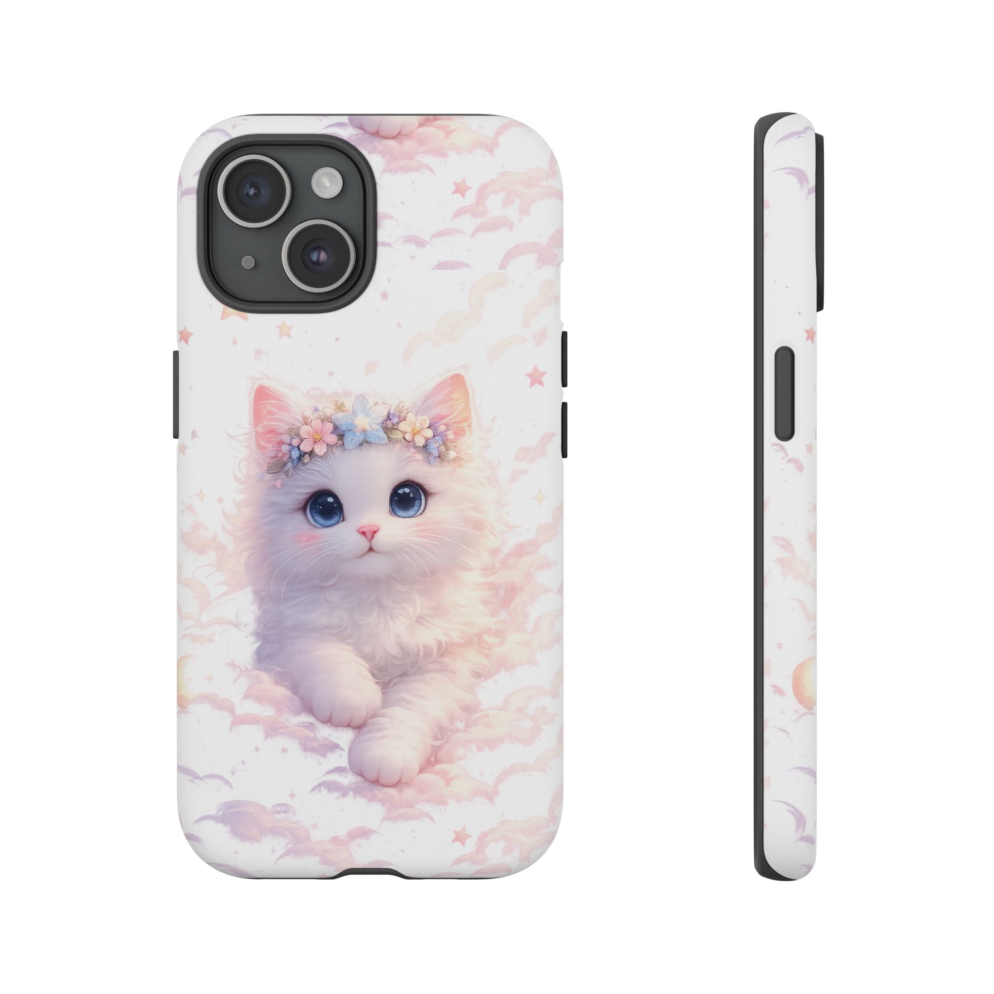 Cute Crowned Kitten Phone Case — Pastel Cloud & Star Protective Case