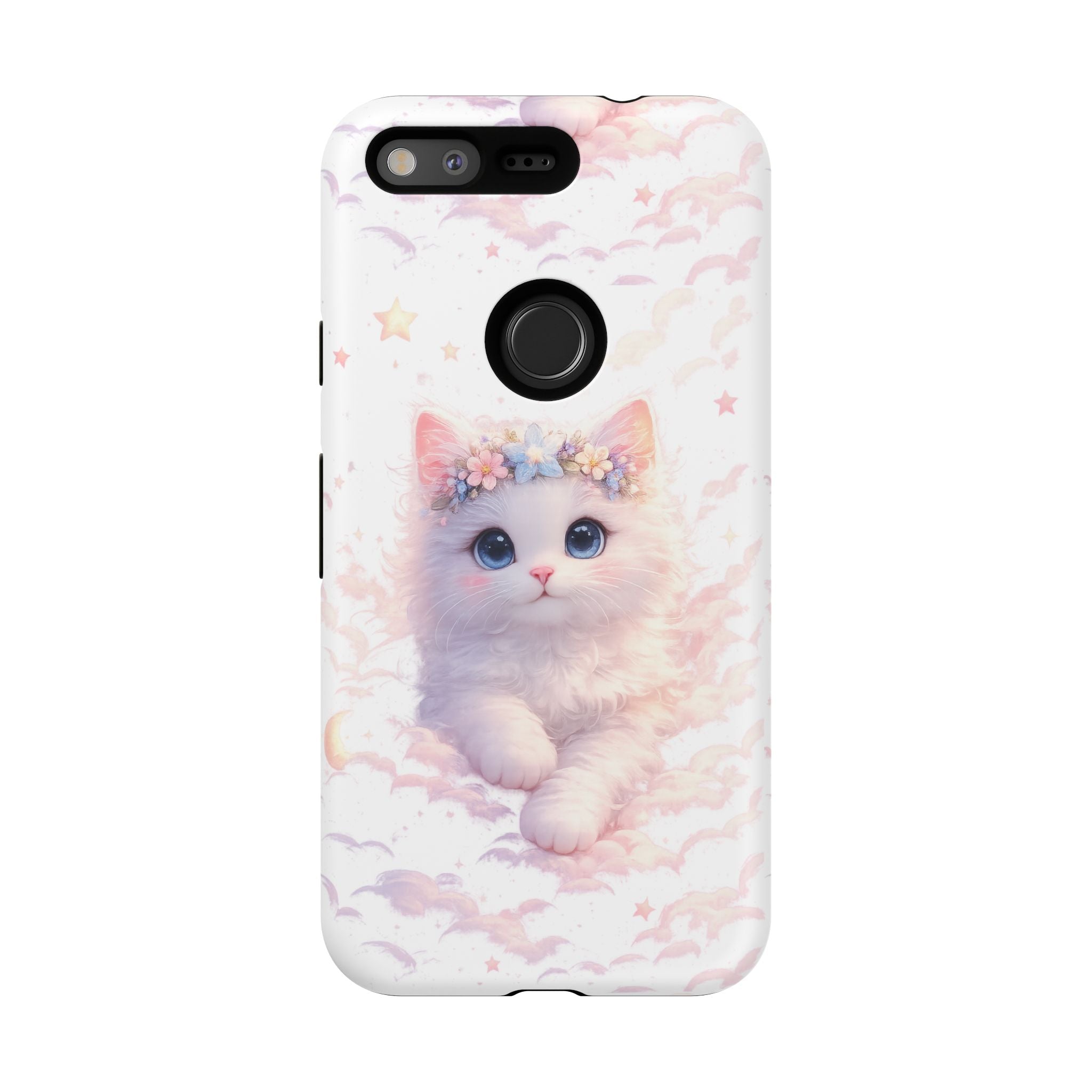 Cute Crowned Kitten Phone Case — Pastel Cloud & Star Protective Case