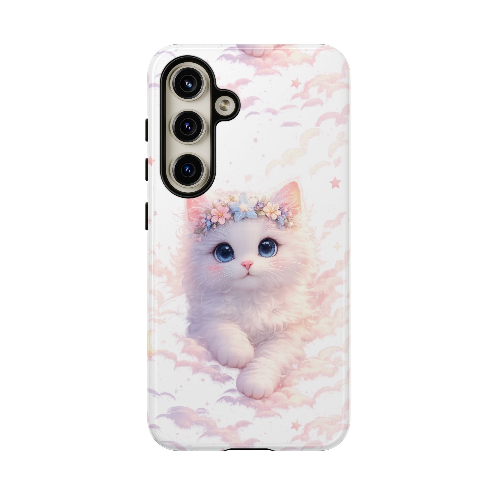 Cute Crowned Kitten Phone Case — Pastel Cloud & Star Protective Case