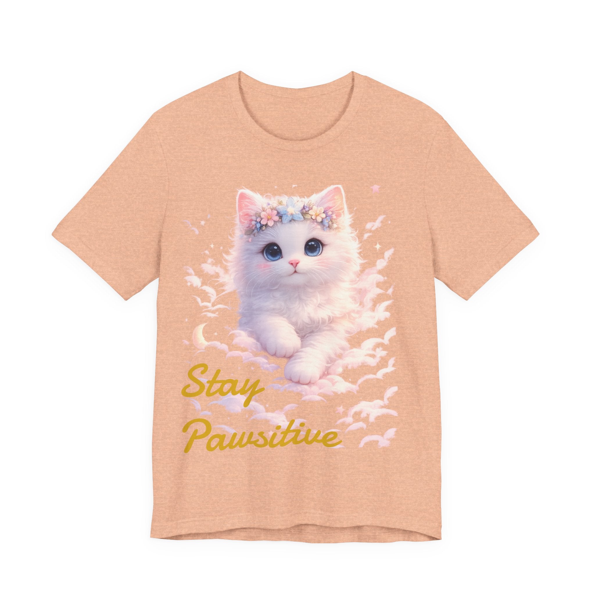 Stay Pawsitive Kitten Tee | Floral Crown Cat, Pastel Cloud Illustration
